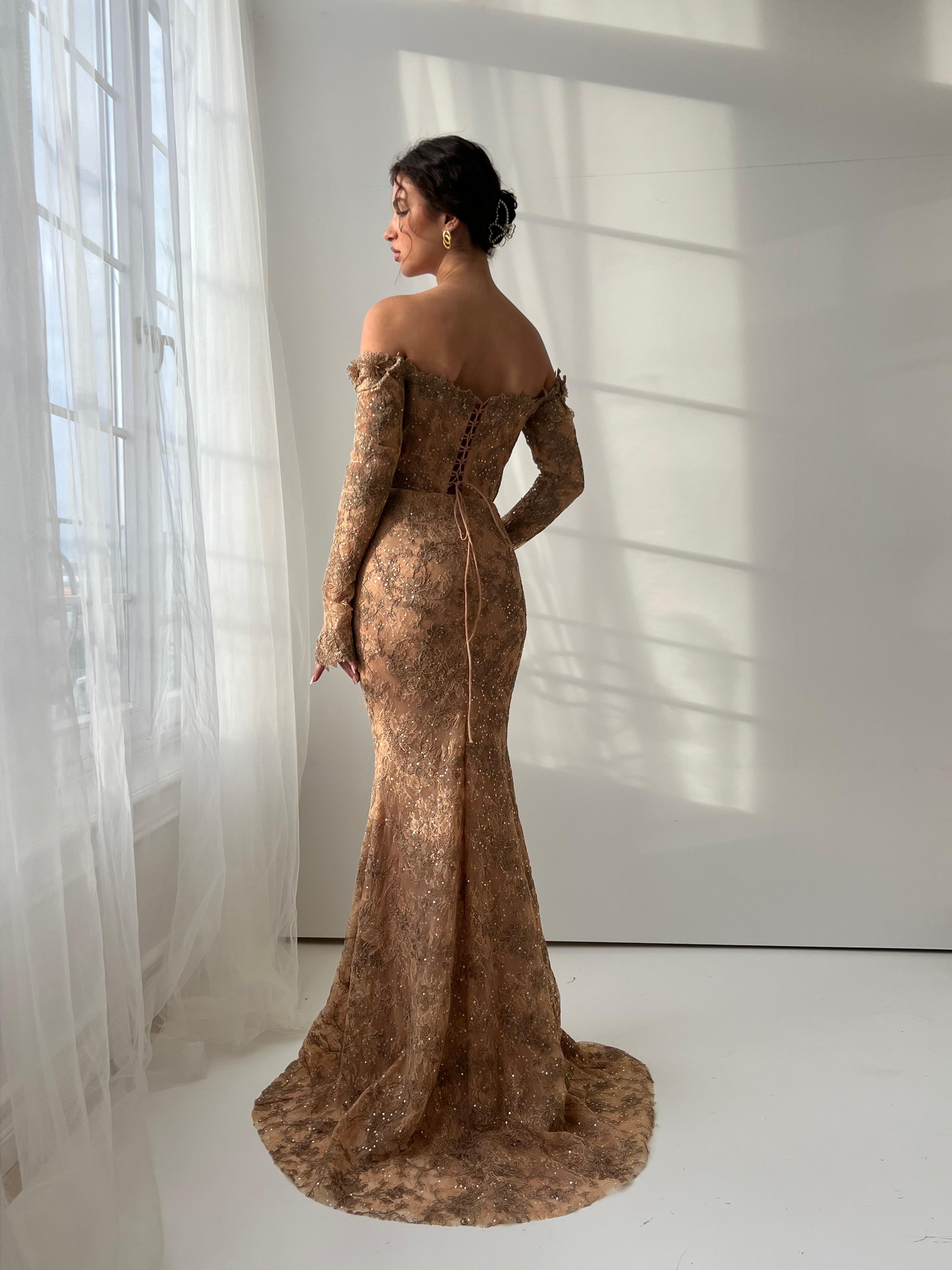 brown mermaid dress Adrianna Papell Foiled Mermaid Gown With Halter Neckline
