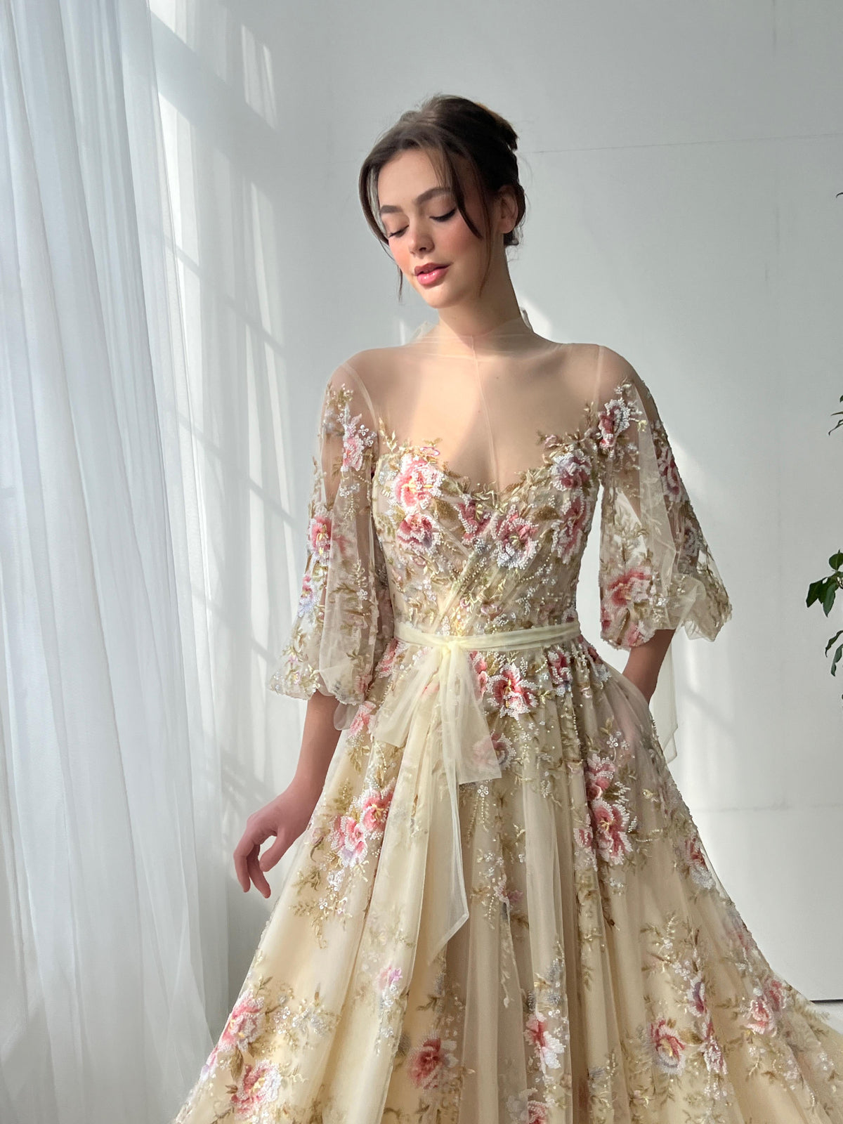 Beige A-Line dress with long sleeves and embroidery