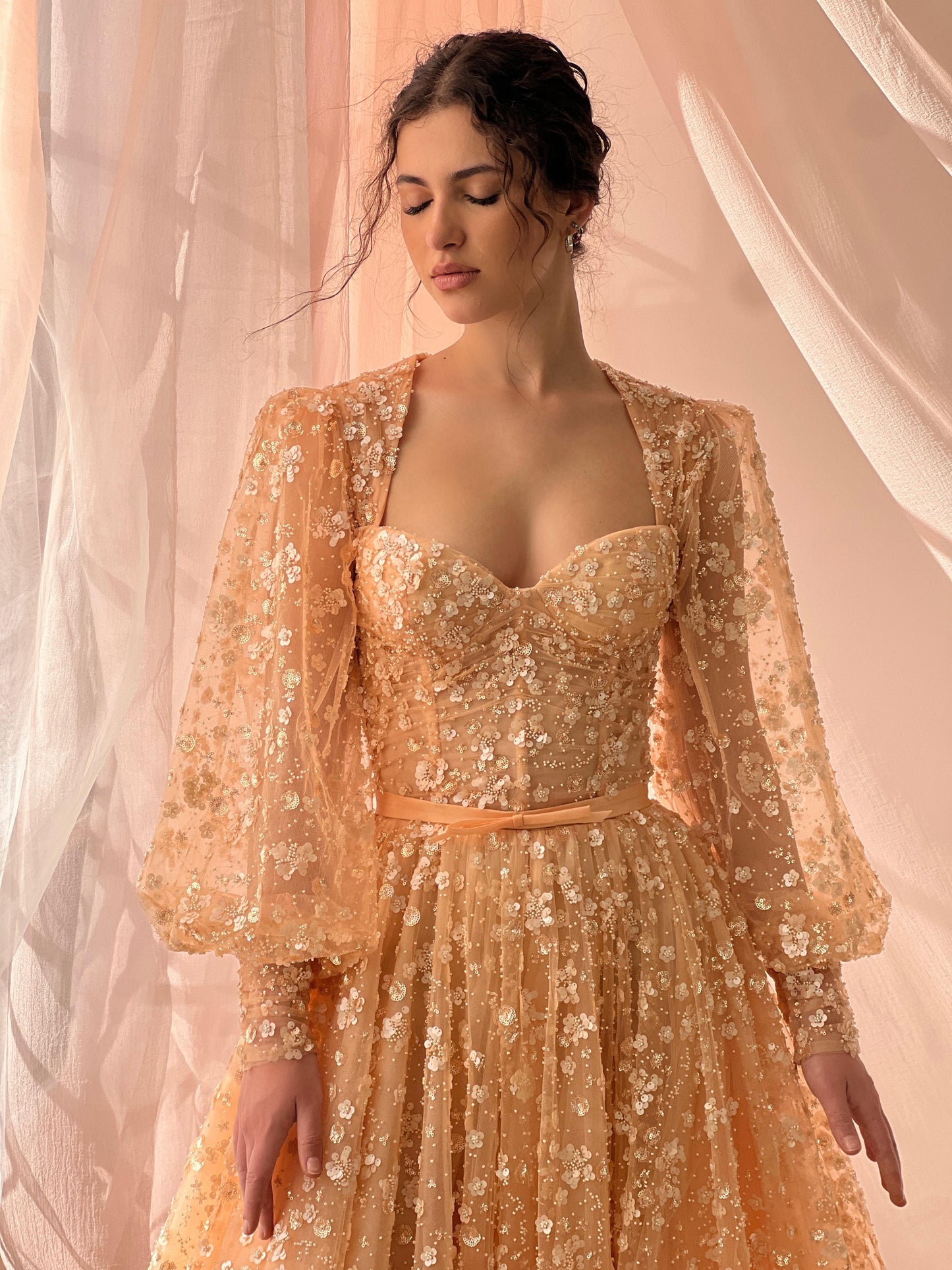 Peach A-Line dress with long sleeves and embroidery