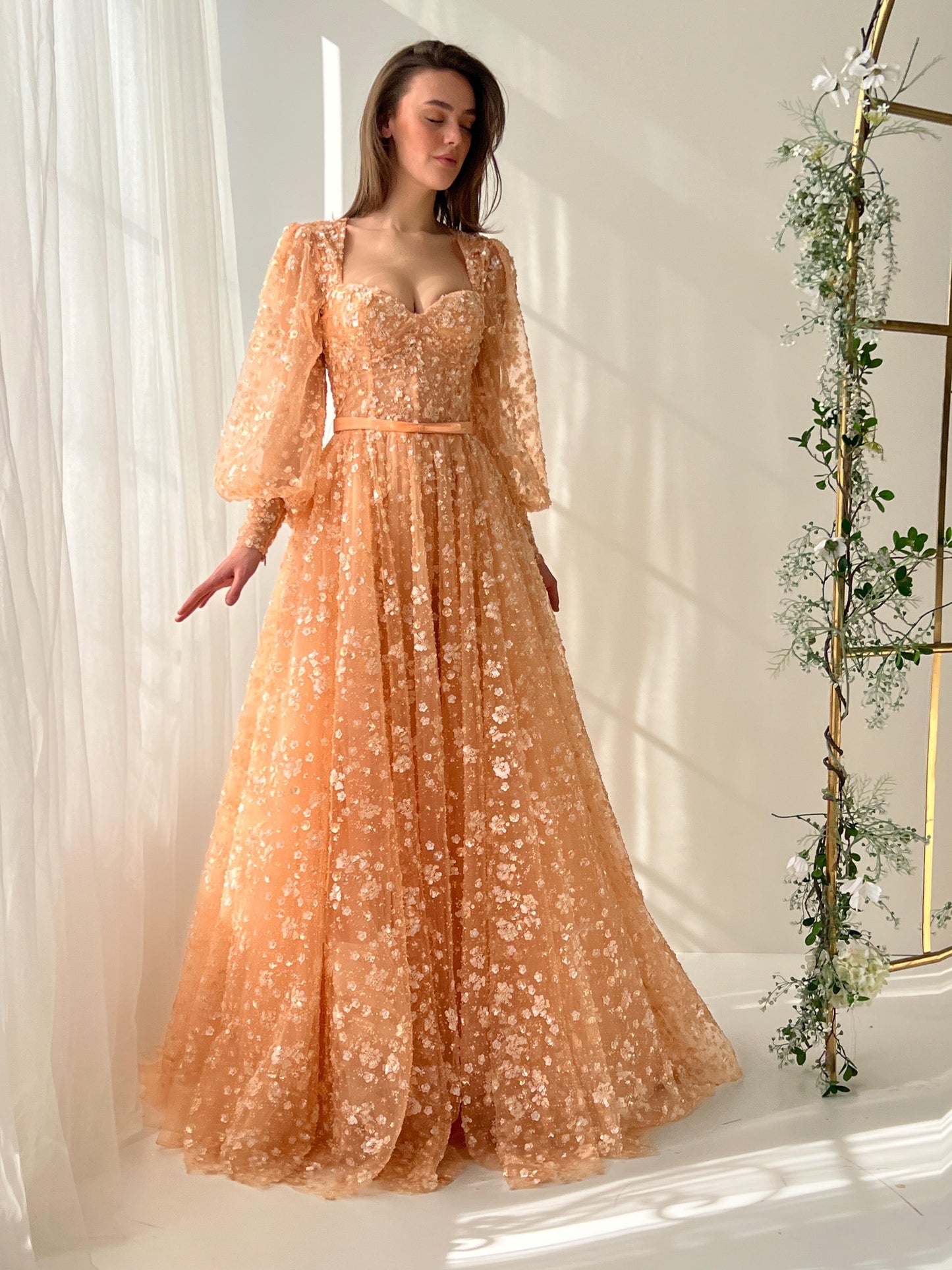 Peach A-Line dress with long sleeves and embroidery