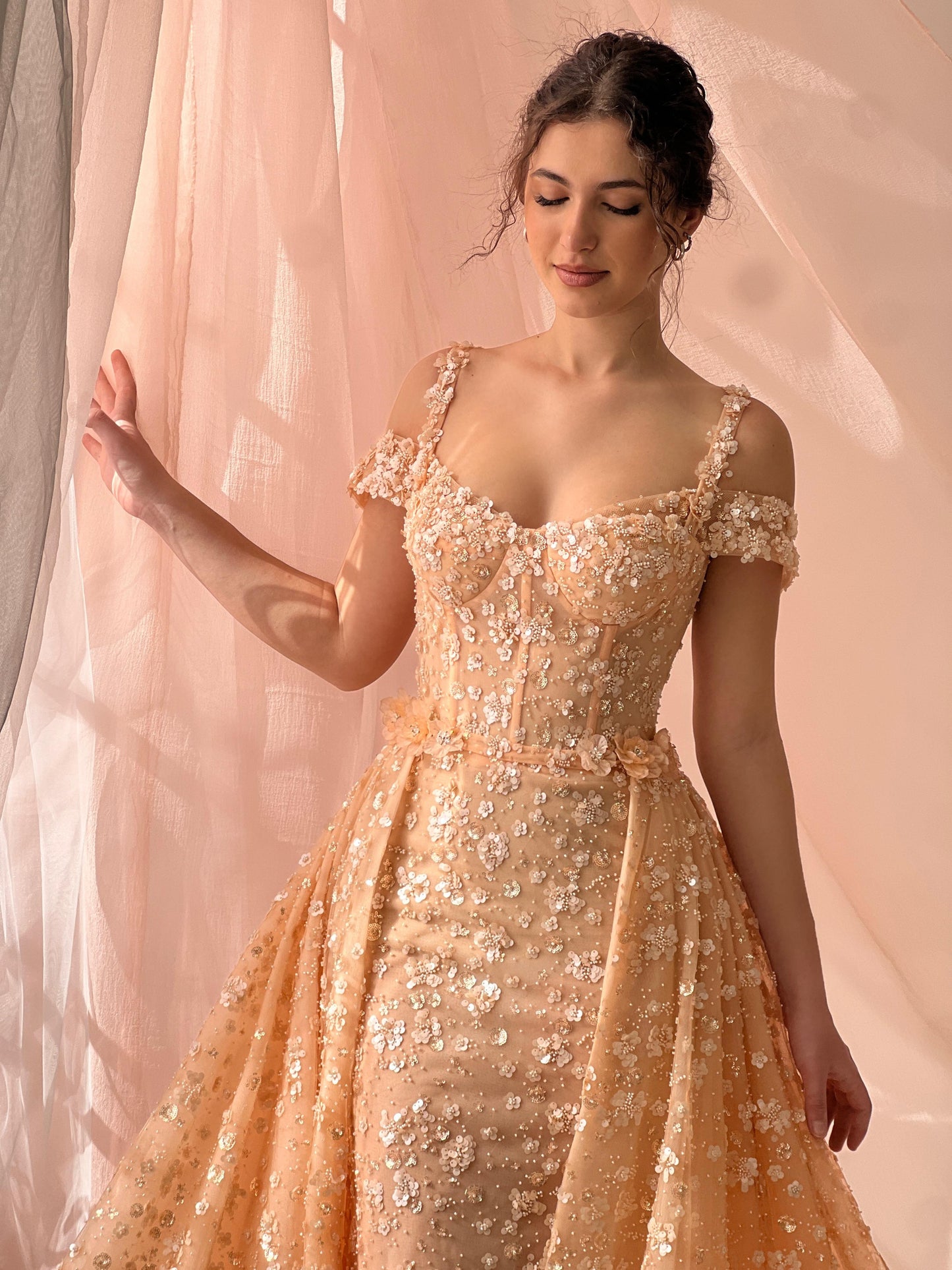 Peach A-Line dress with overskirt, embroidery, straps and off the shoulder sleeves