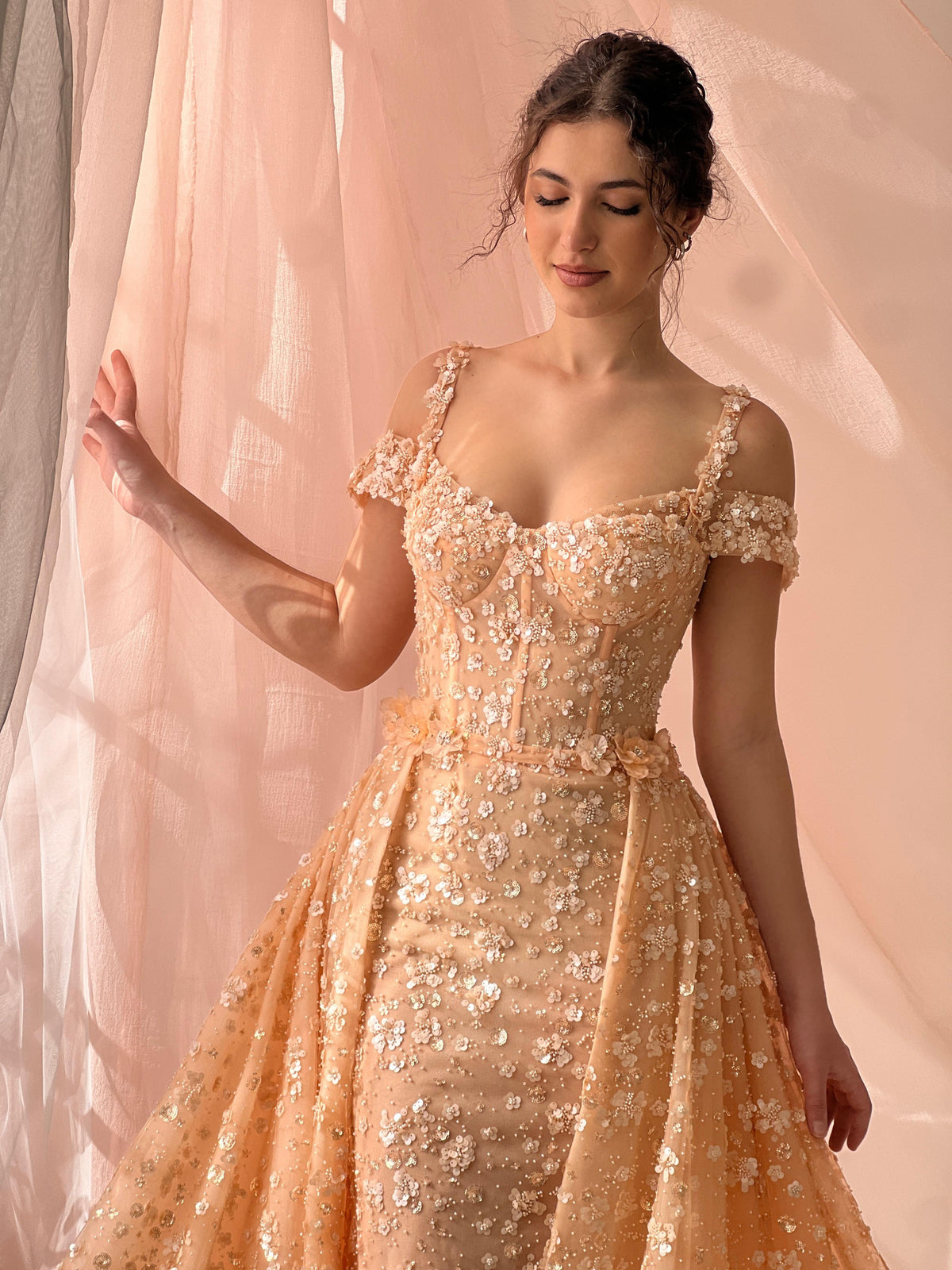 Peach A-Line dress with overskirt, embroidery, straps and off the shoulder sleeves