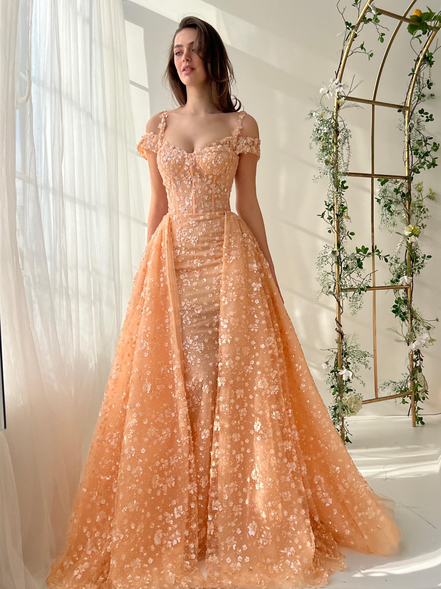 Peach A-Line dress with overskirt, embroidery, straps and off the shoulder sleeves