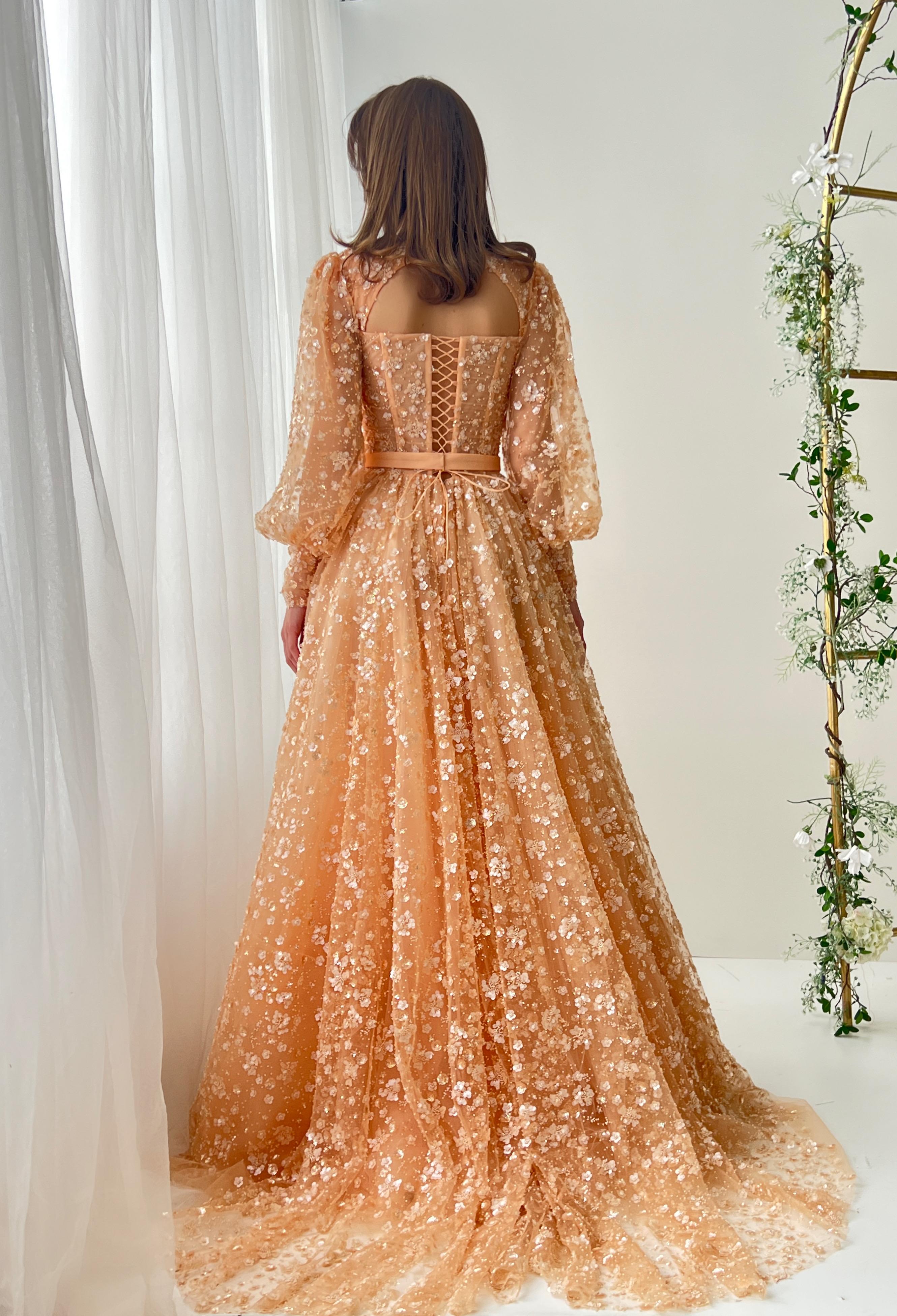 peach evening dress with sleeves Peach evening dress with 3D lace E2109