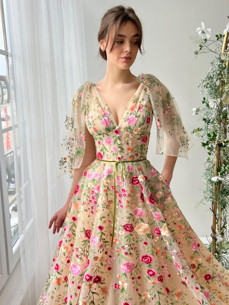 designer floral dresses Lunaria Gown Cowl neck sequin mini dress dusty blue The lightweight organza fabric Rat & Boa Dresses Size:XSMALL