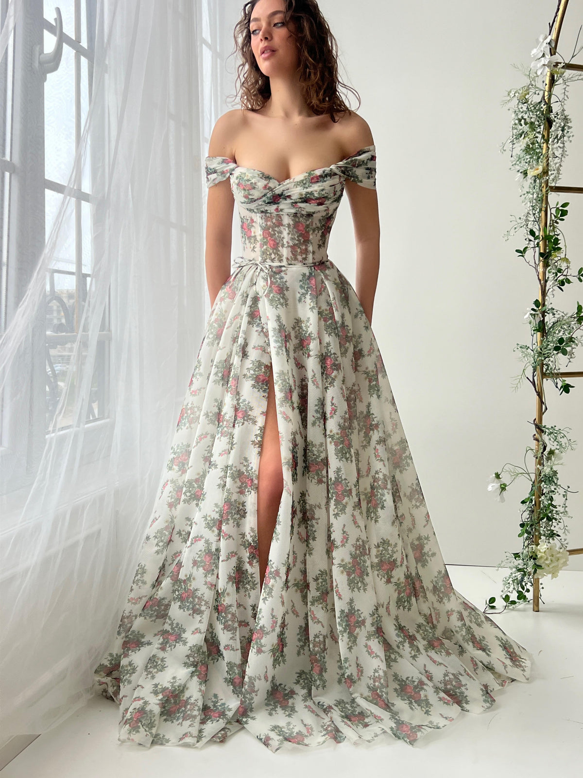 White and green A-Line dress with printed floral fabric and off the shoulder sleeves