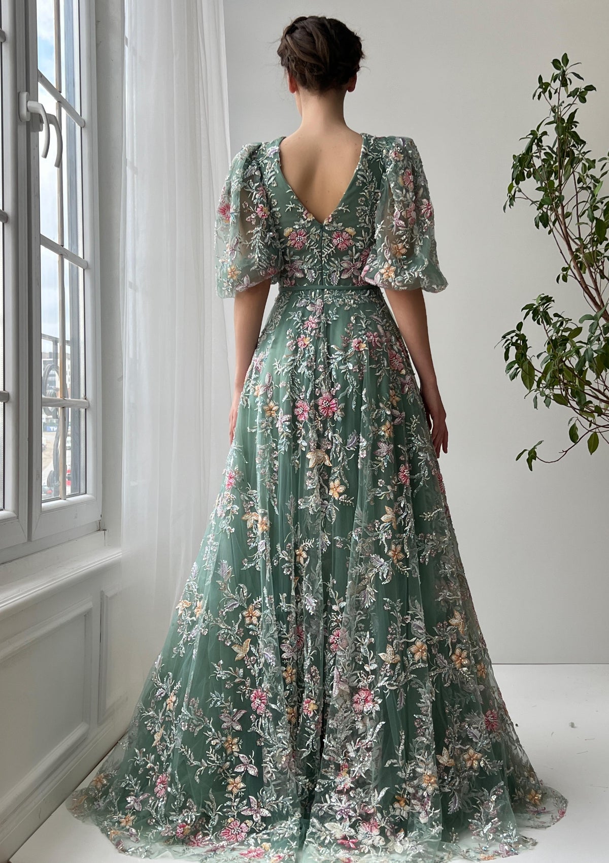 Green A-Line dress with short sleeves, v-neck and embroidery
