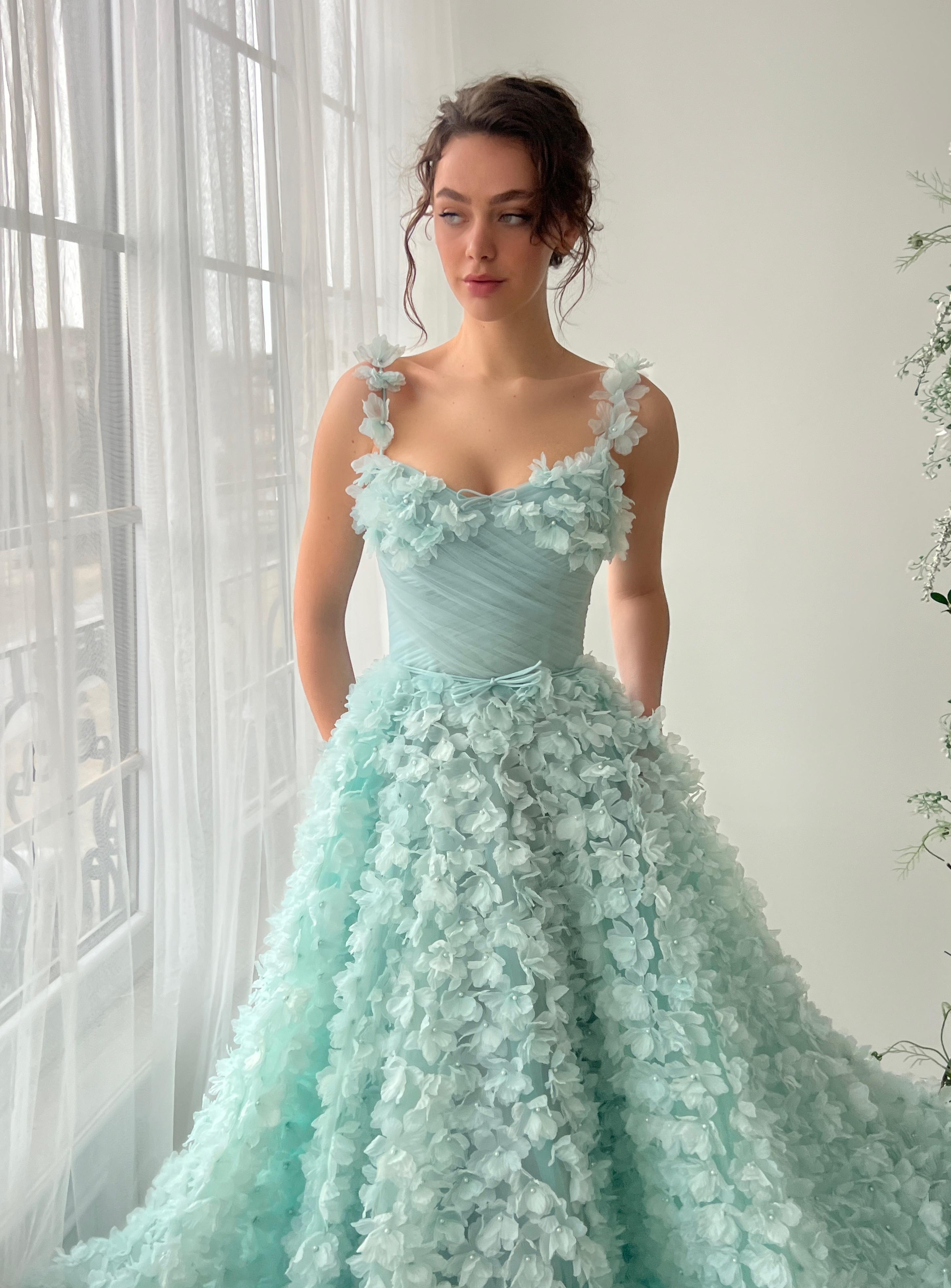 Blue A-Line dress with straps and embroidered flowers