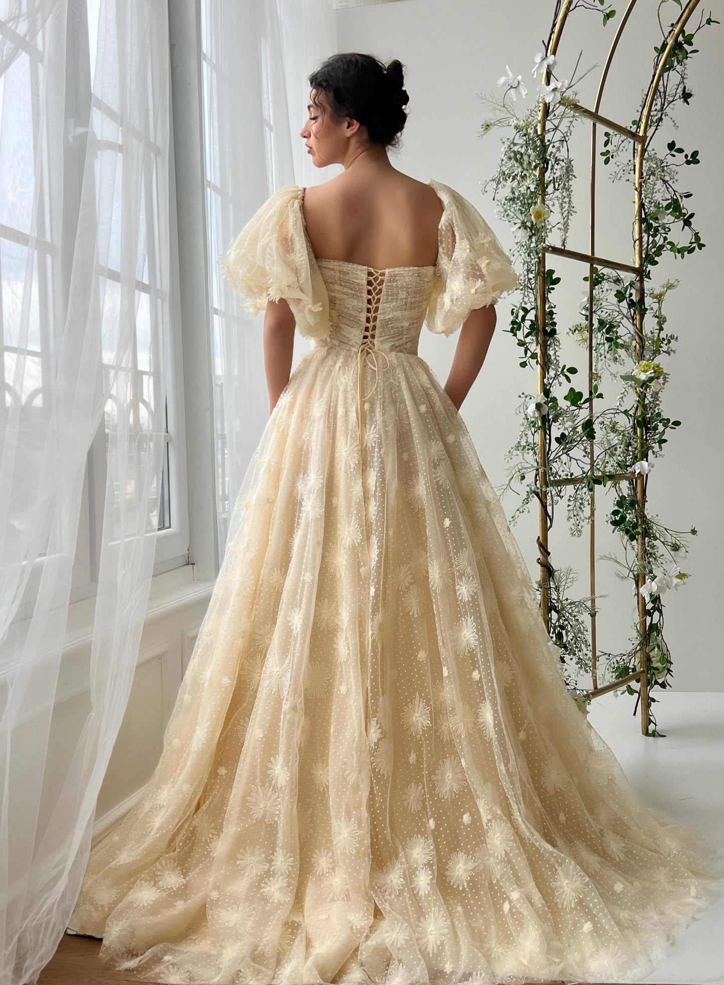 Beige A-Line dress with short sleeves and embroidery