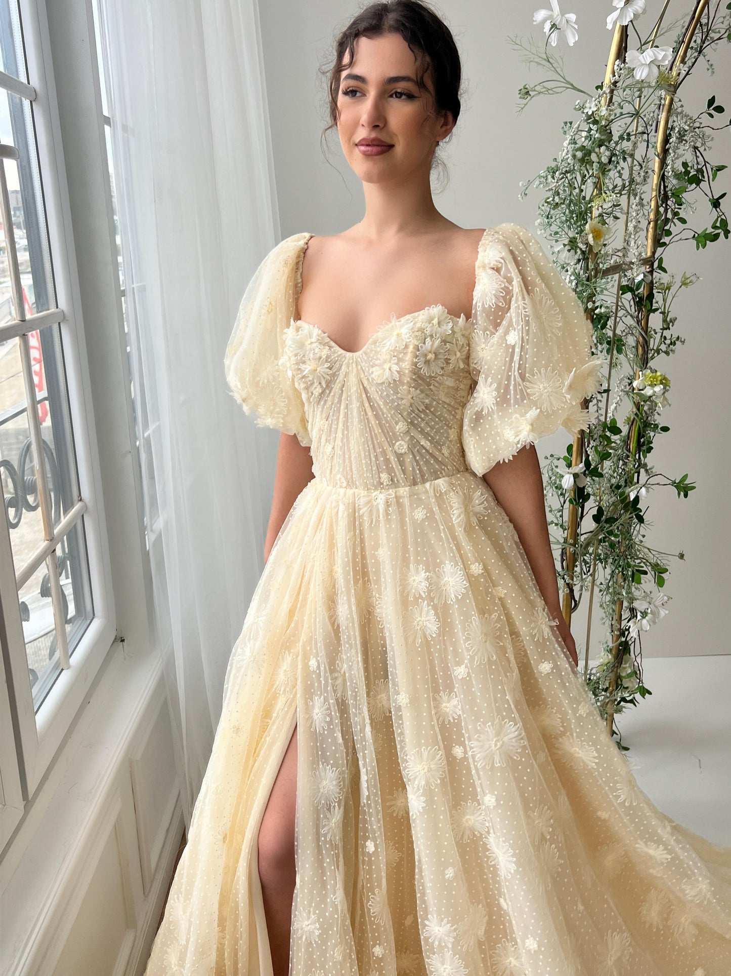 Beige A-Line dress with short sleeves and embroidery