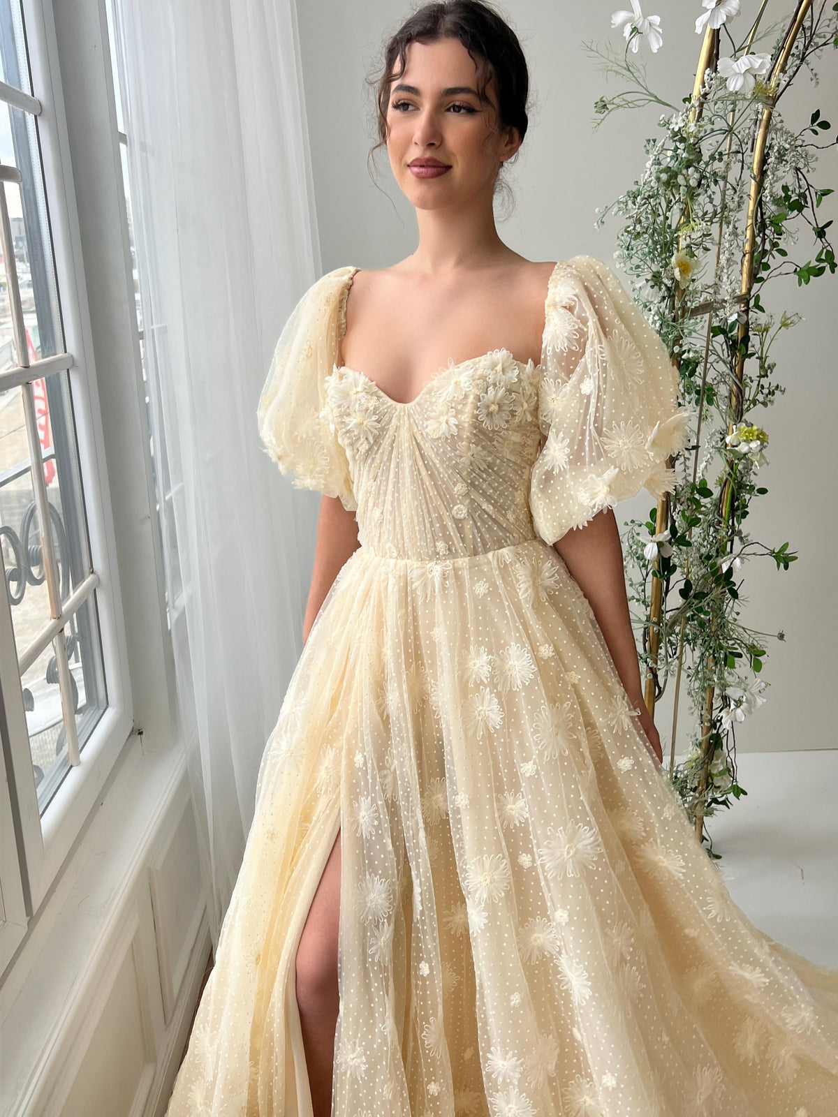Beige A-Line dress with short sleeves and embroidery