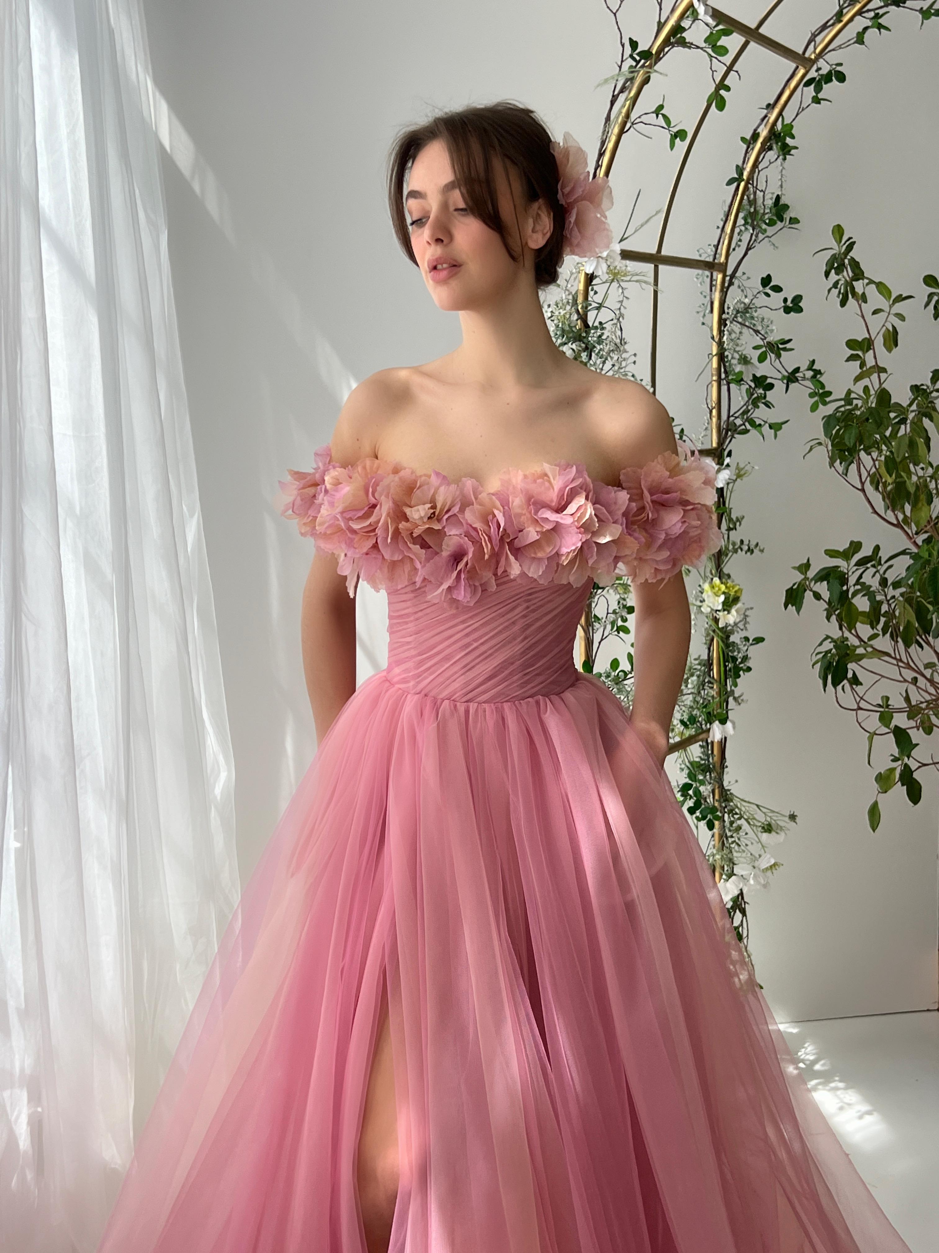 Pink A-Line dress with off the shoulder sleeves and embroidered flowers