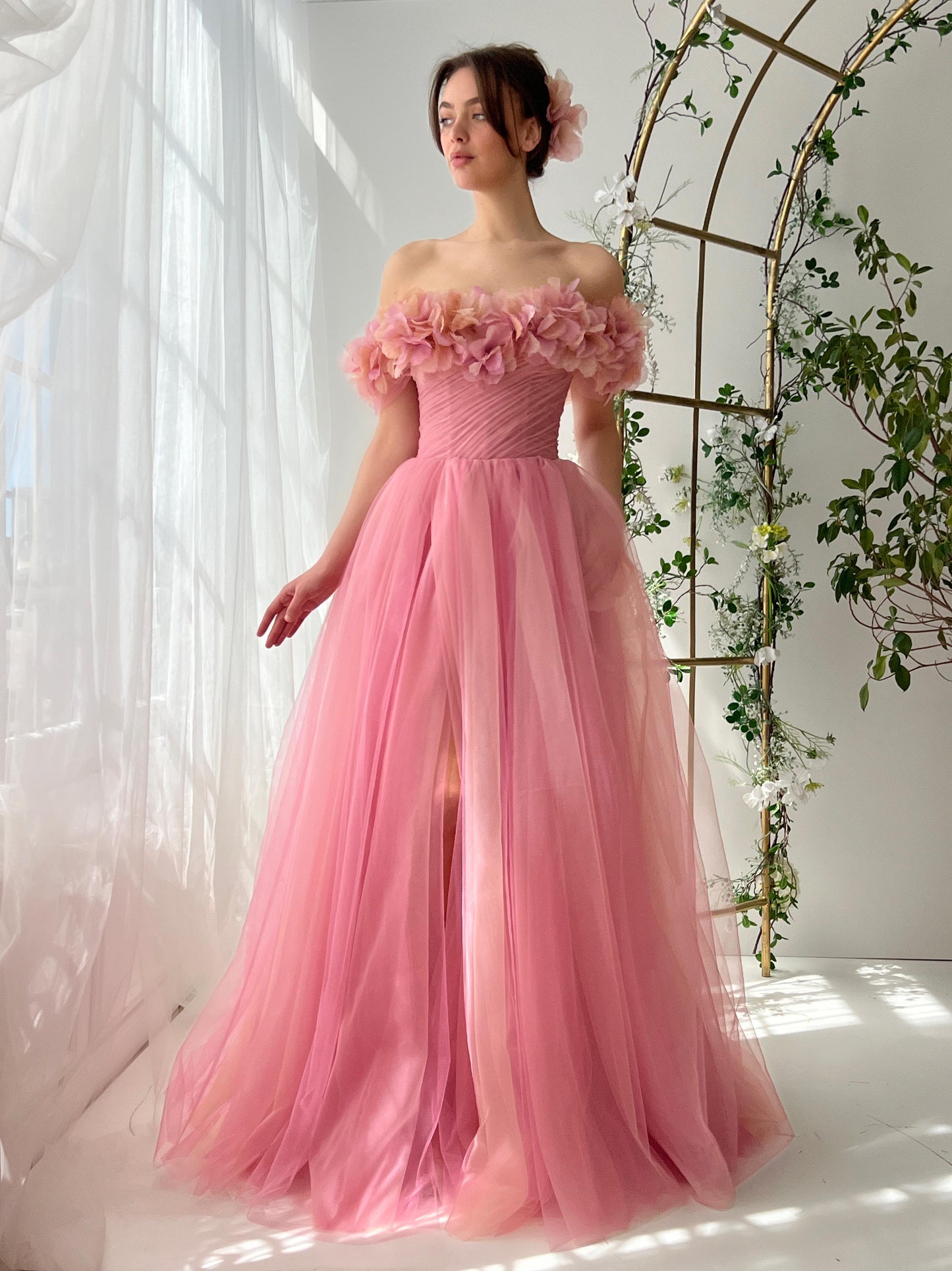 Pink A-Line dress with off the shoulder sleeves and embroidered flowers