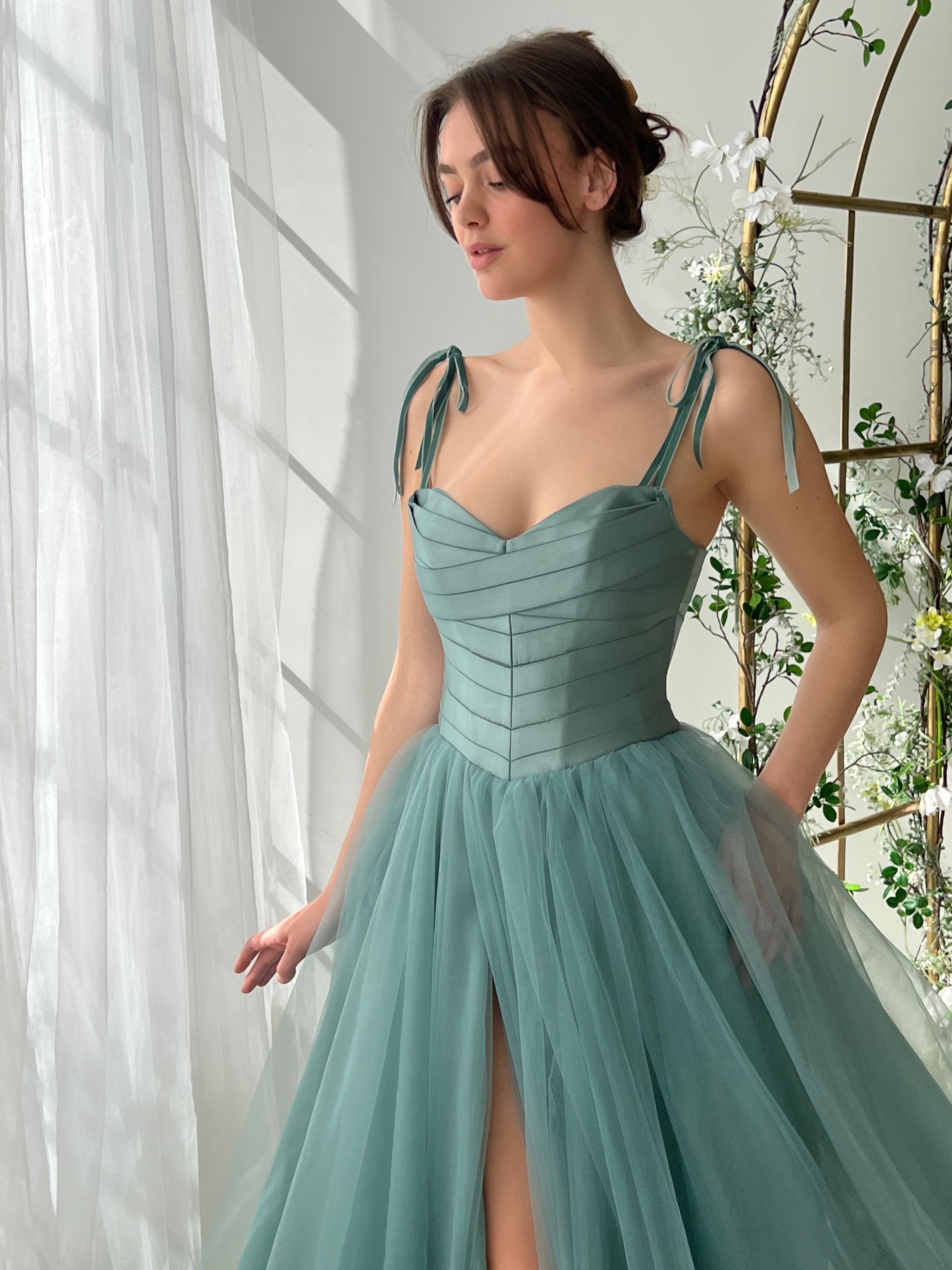 Turquoise A-Line tulle dress with spaghetti straps
