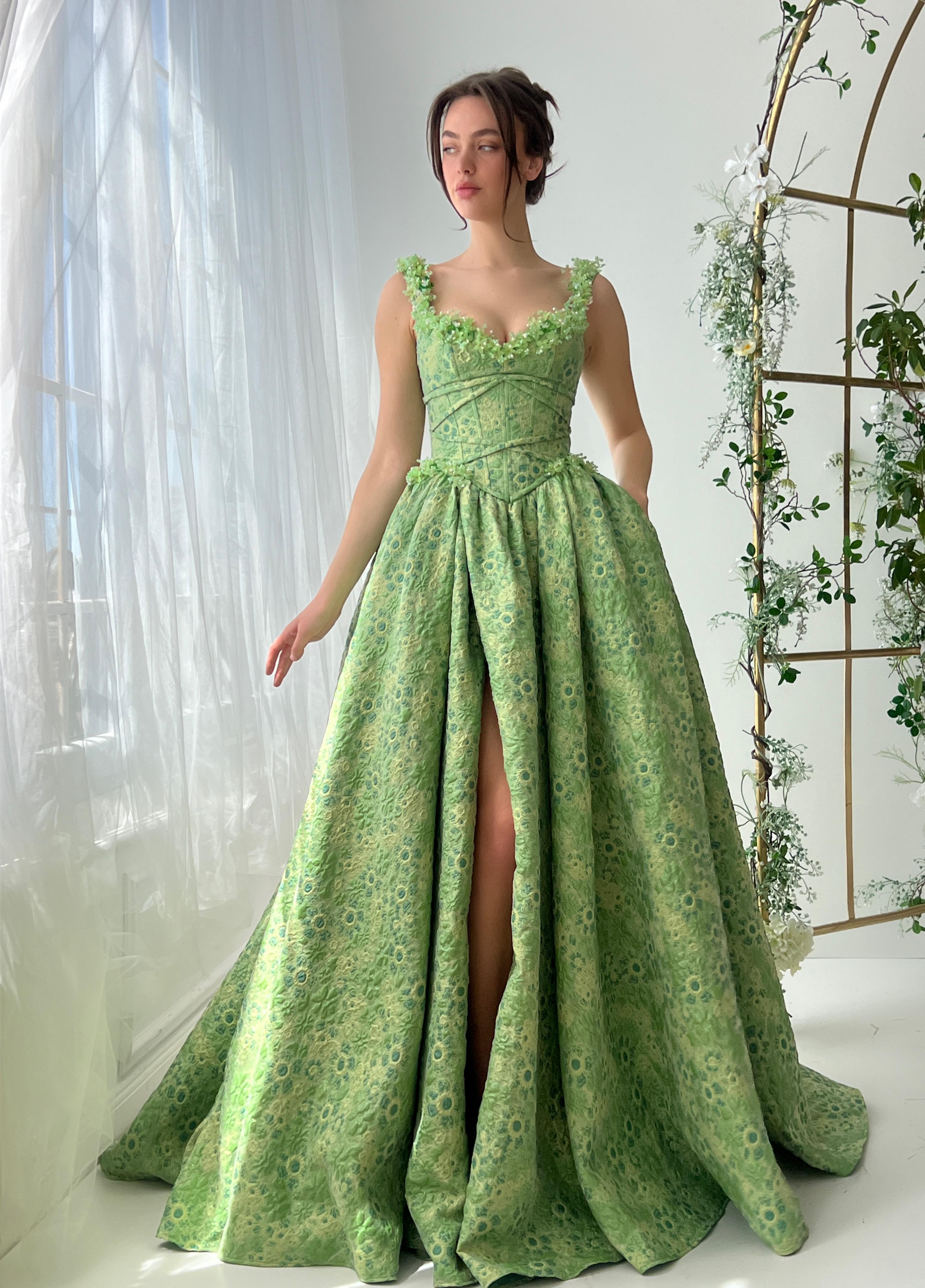 Green A-Line dress with straps, embroidery and brocade fabric