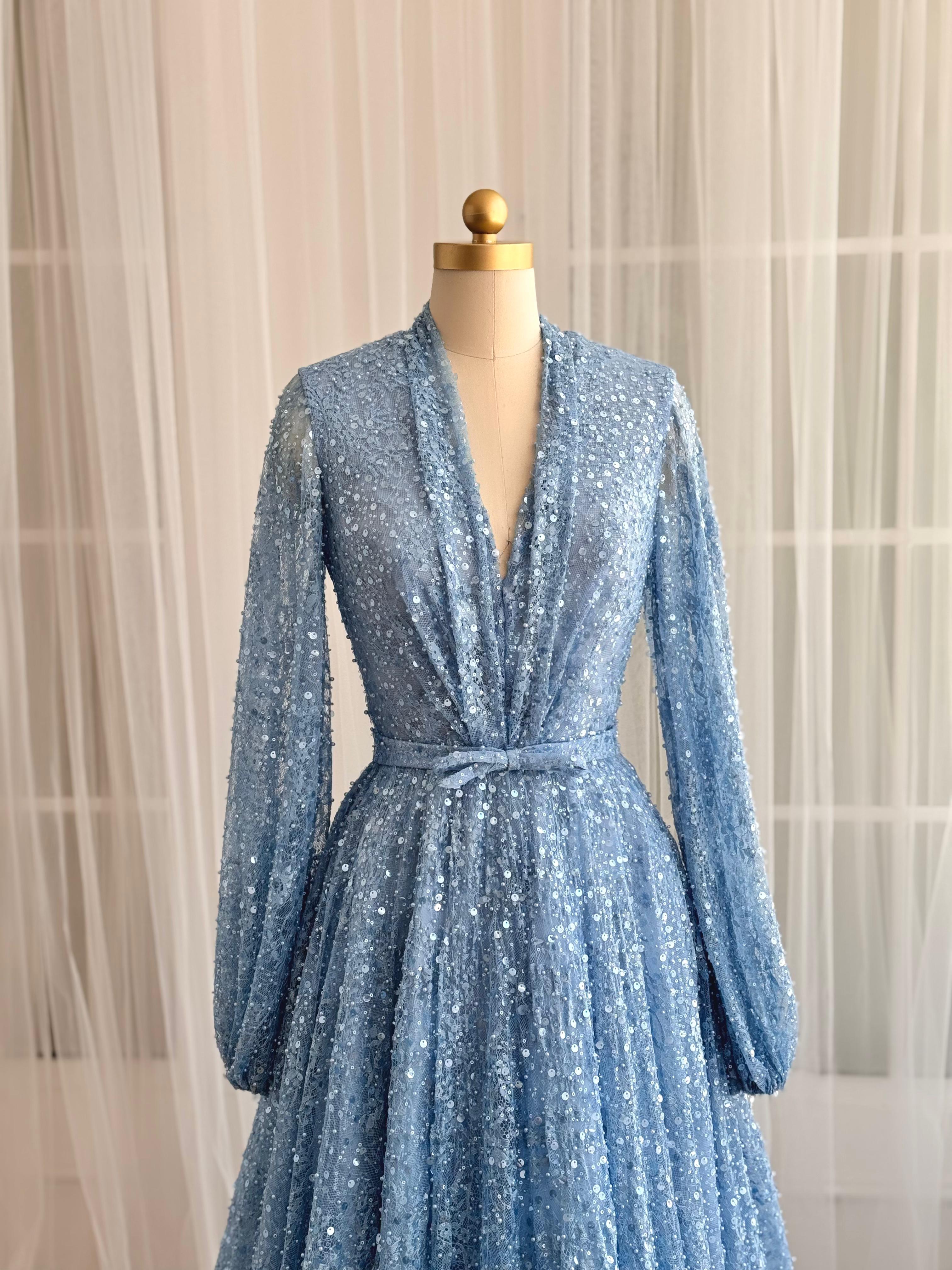 Blue A-Line dress with long sleeves, v-neck and sequin fabric