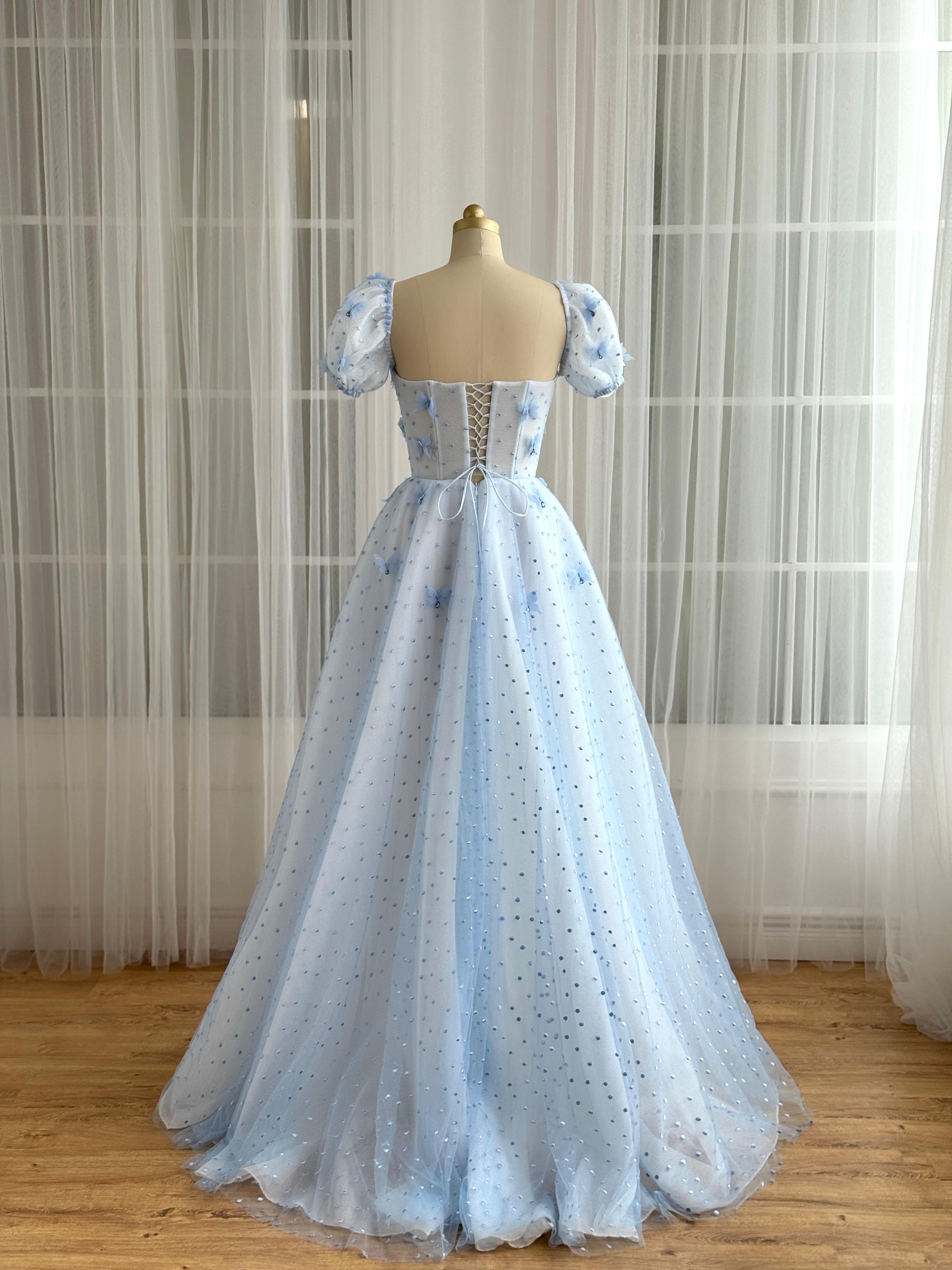 Blue A-Line dress with short sleeves and embroidered butterflies