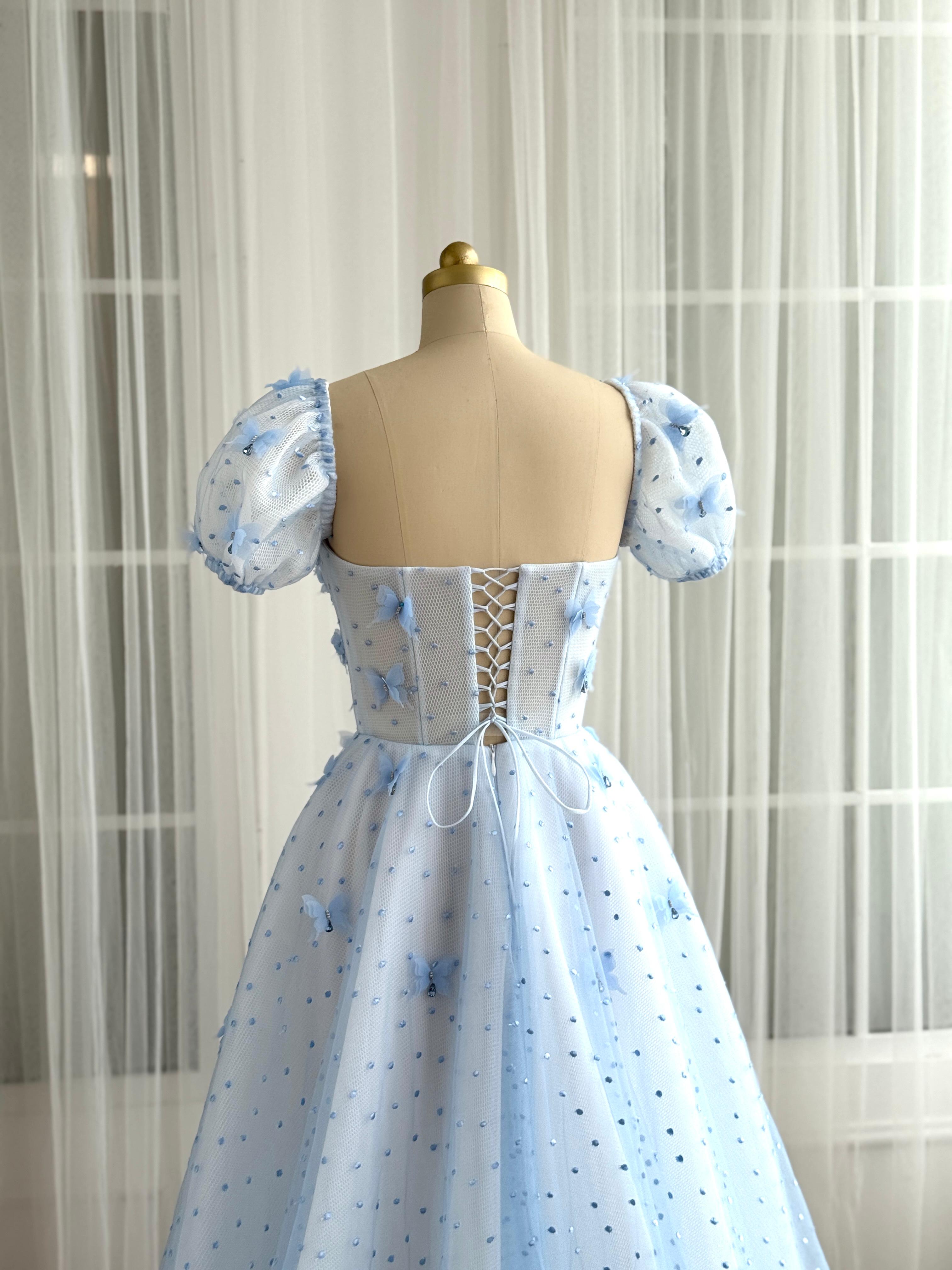 Blue A-Line dress with short sleeves and embroidered butterflies