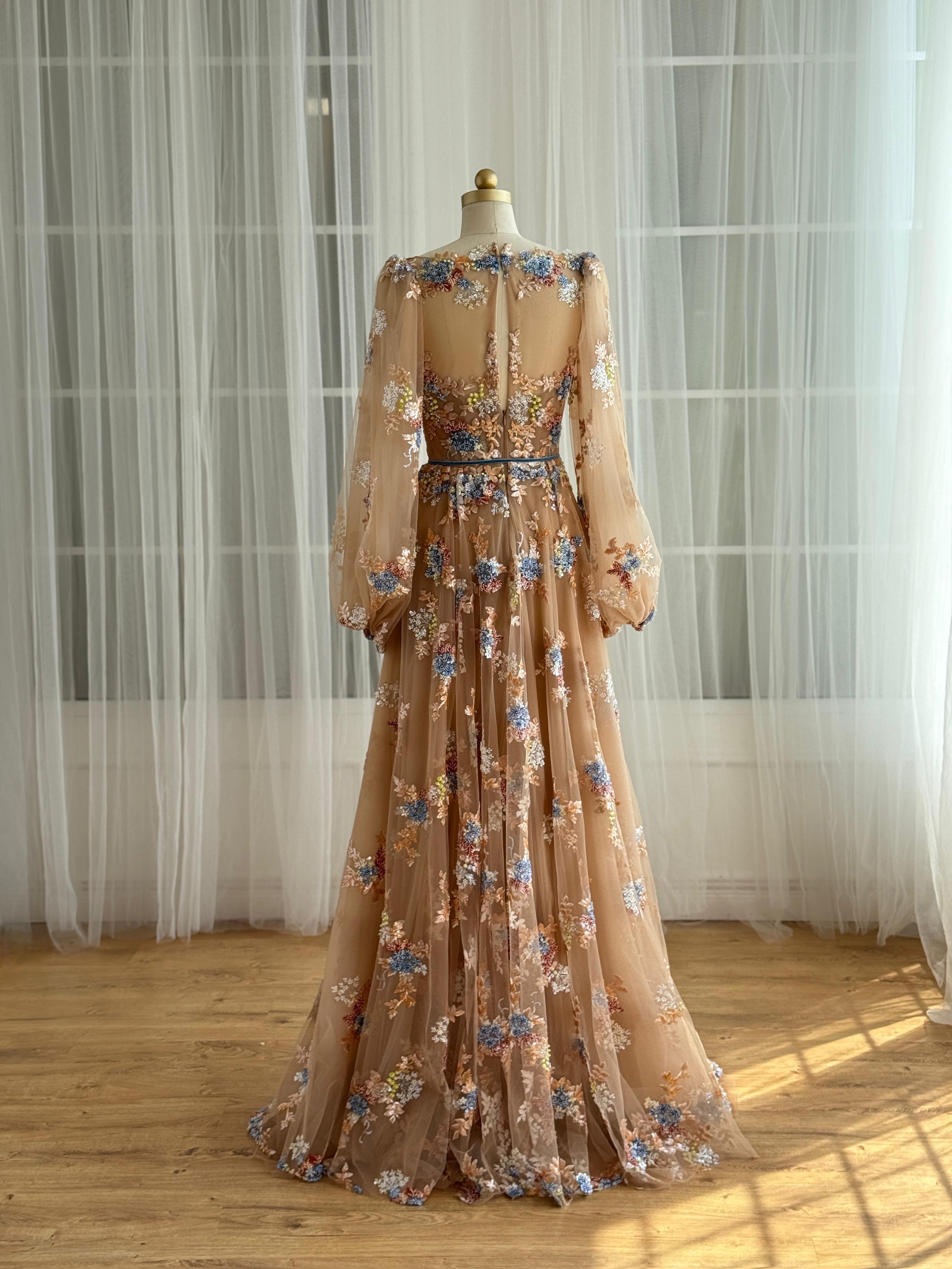 Brown A-Line dress with long sleeves and embroidered flowers