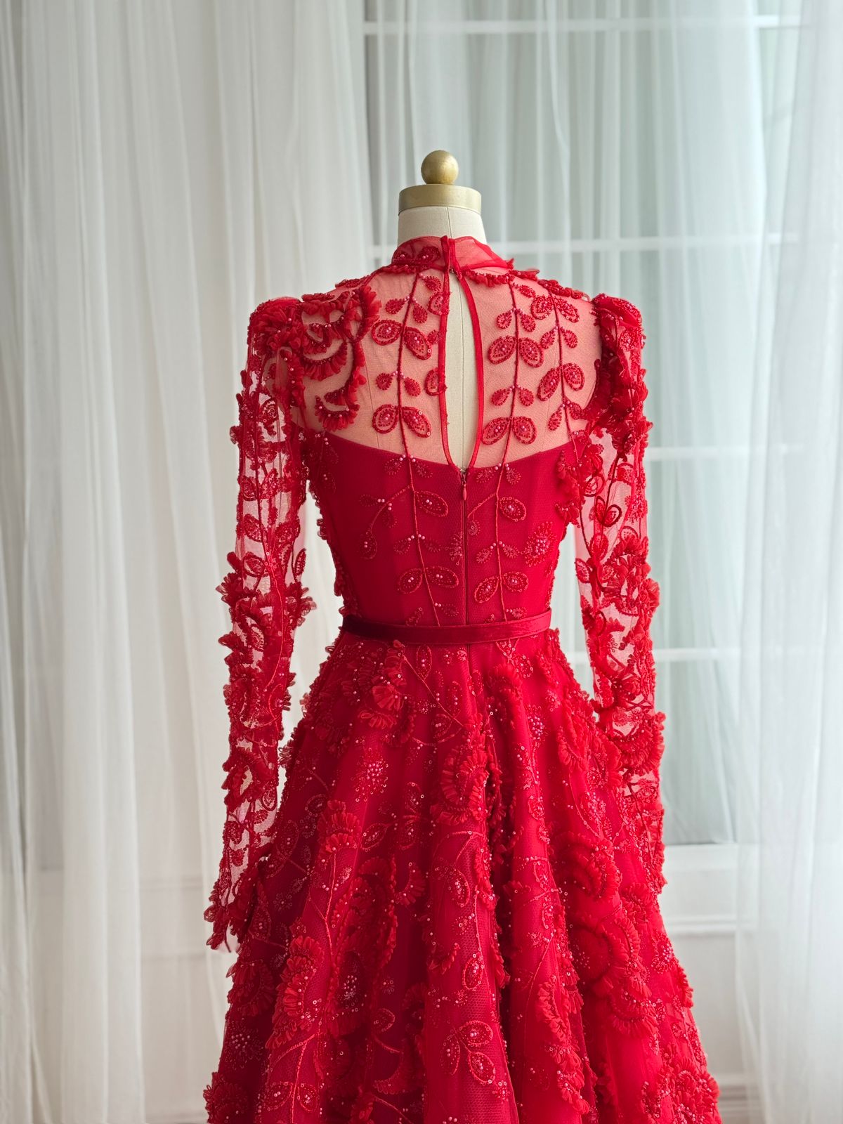 Red A-Line dress with long sleeves, embroidered lace and belt