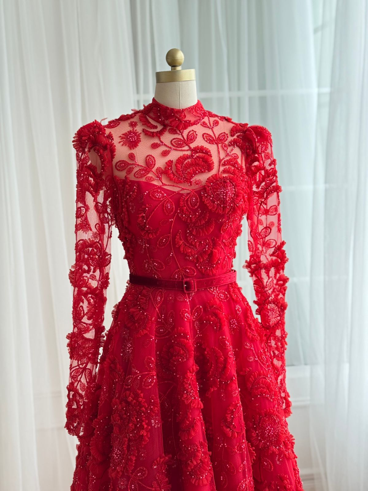 Red A-Line dress with long sleeves, embroidered lace and belt