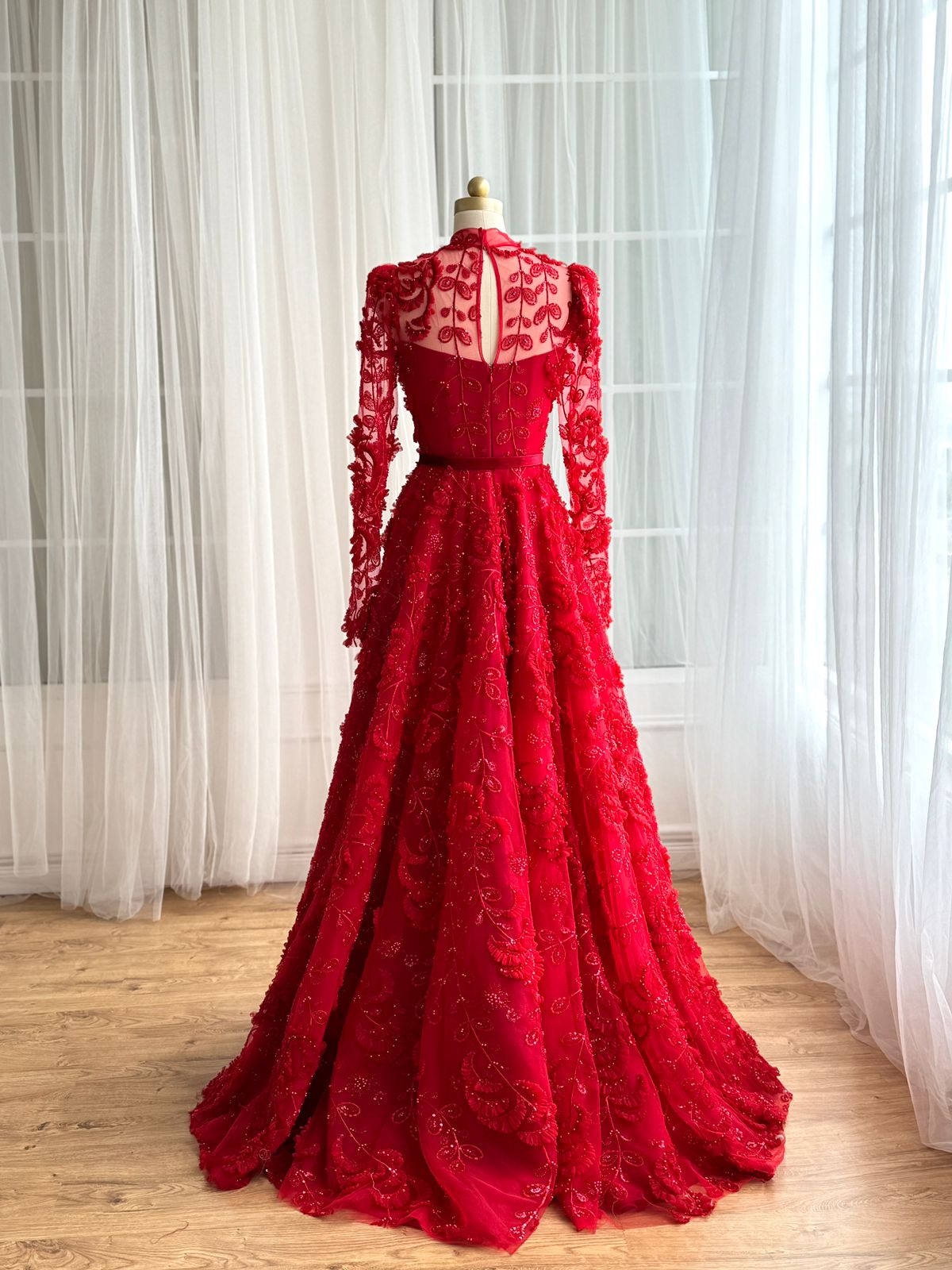 Red A-Line dress with long sleeves, embroidered lace and belt