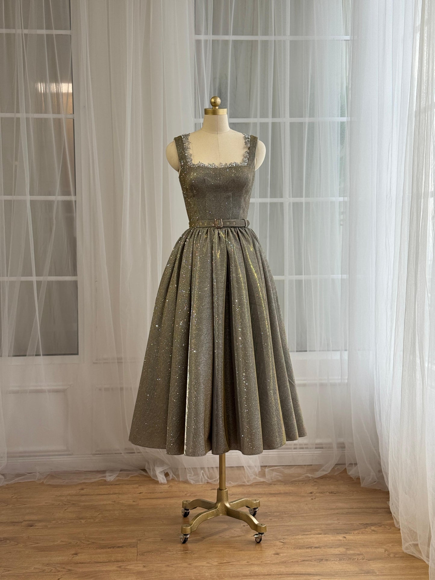 Grey midi dress with straps, belt, embroidery and sparkly fabric