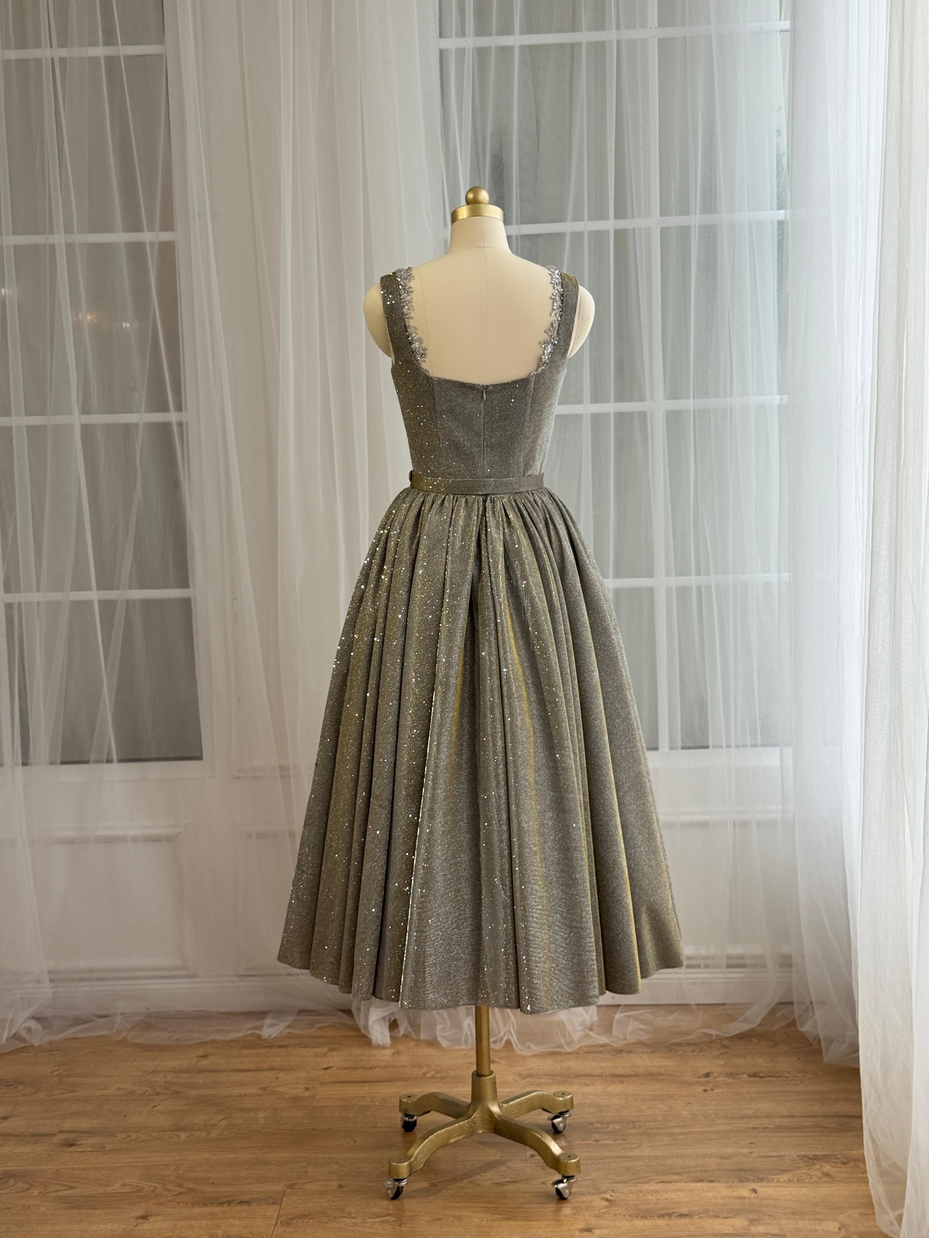 Grey midi dress with straps, belt, embroidery and sparkly fabric