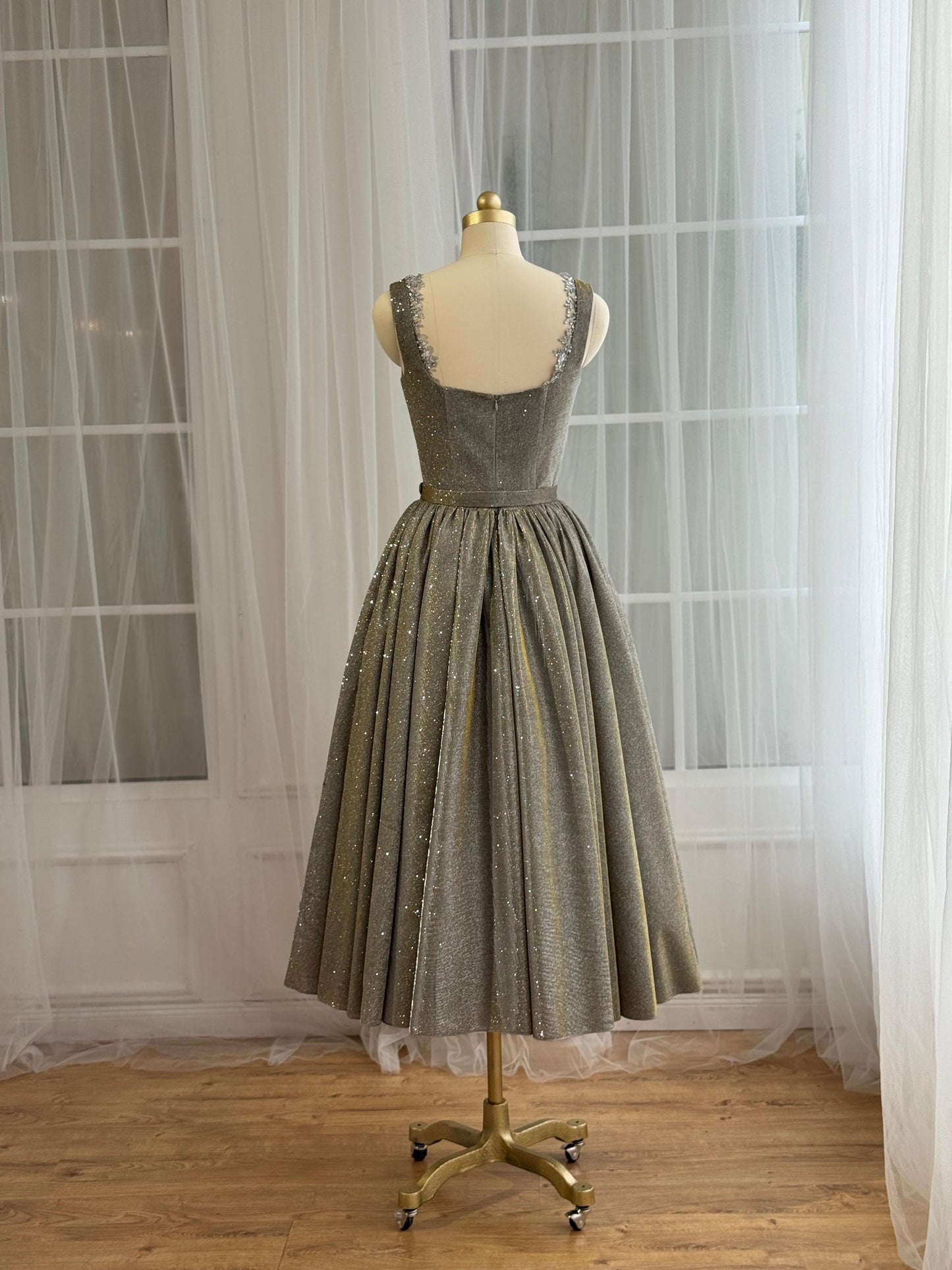 Grey midi dress with straps, belt, embroidery and sparkly fabric