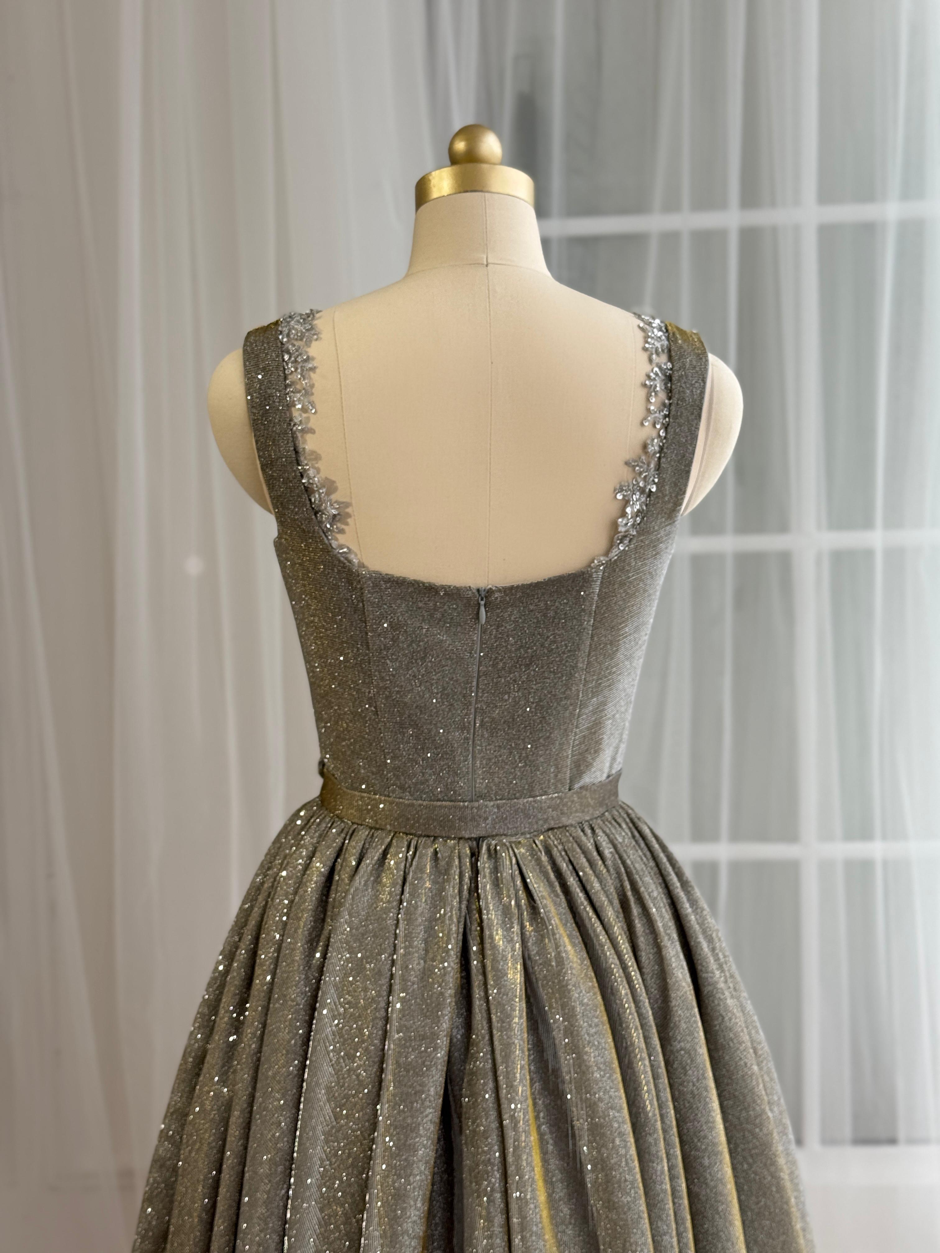 Grey midi dress with straps, belt, embroidery and sparkly fabric