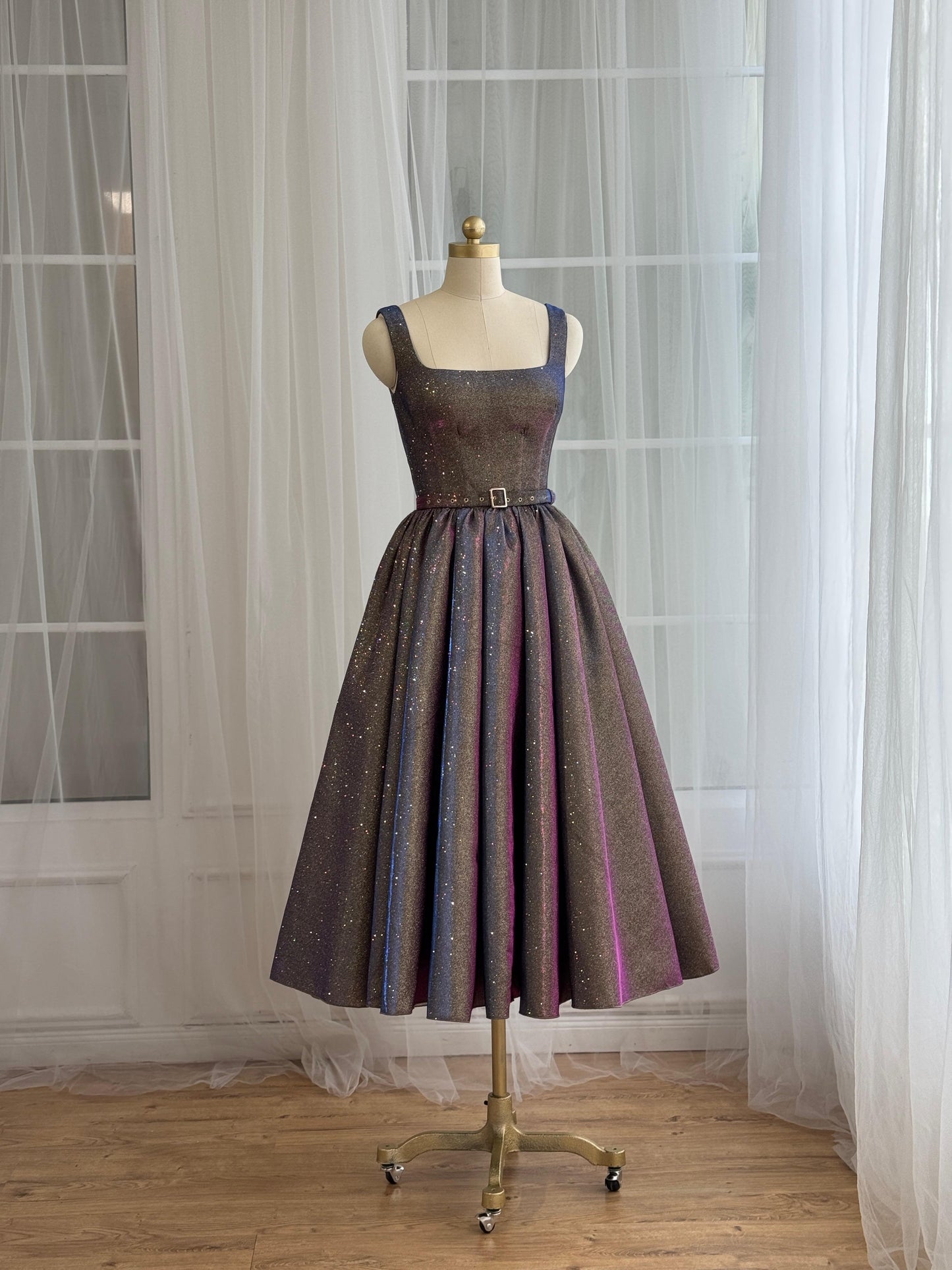 Purple midi dress with straps, belt and sparkly fabric