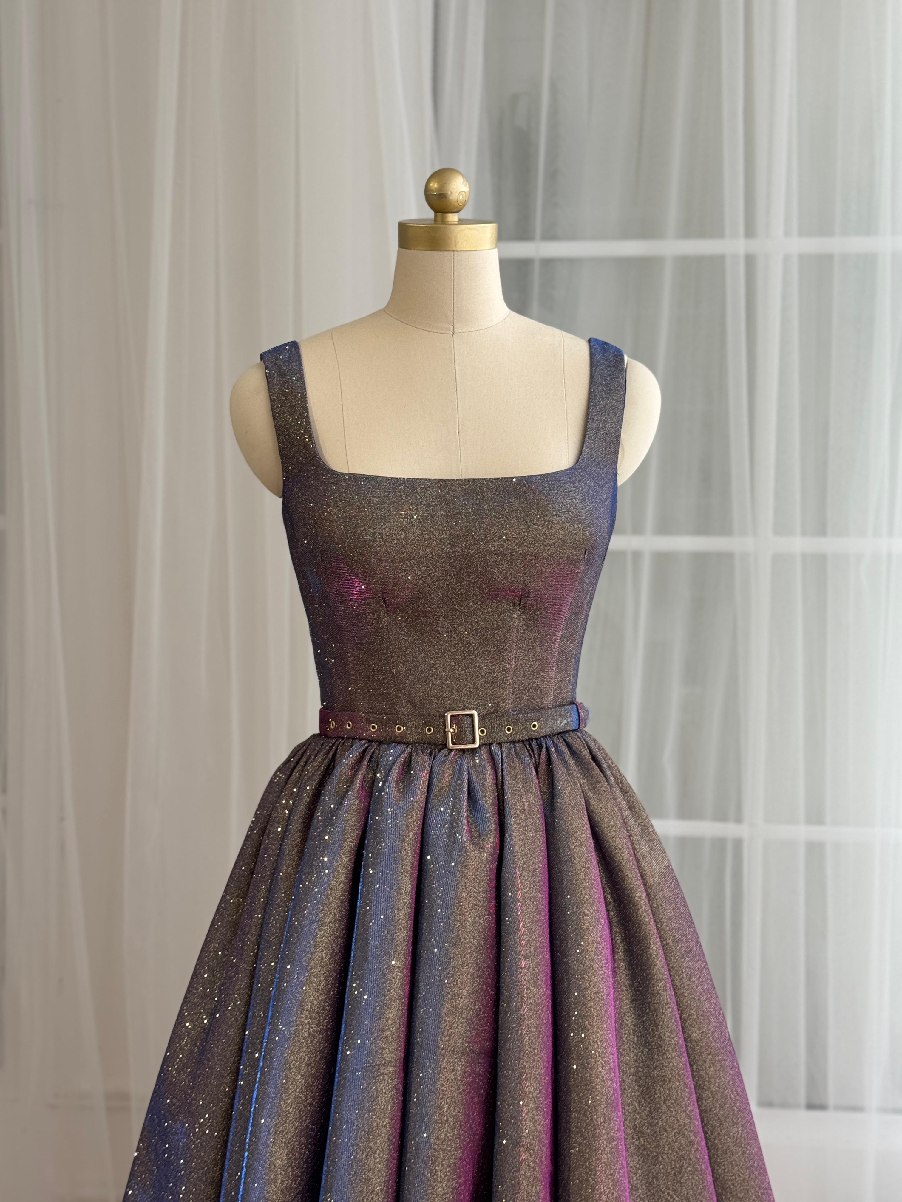 Purple midi dress with straps, belt and sparkly fabric
