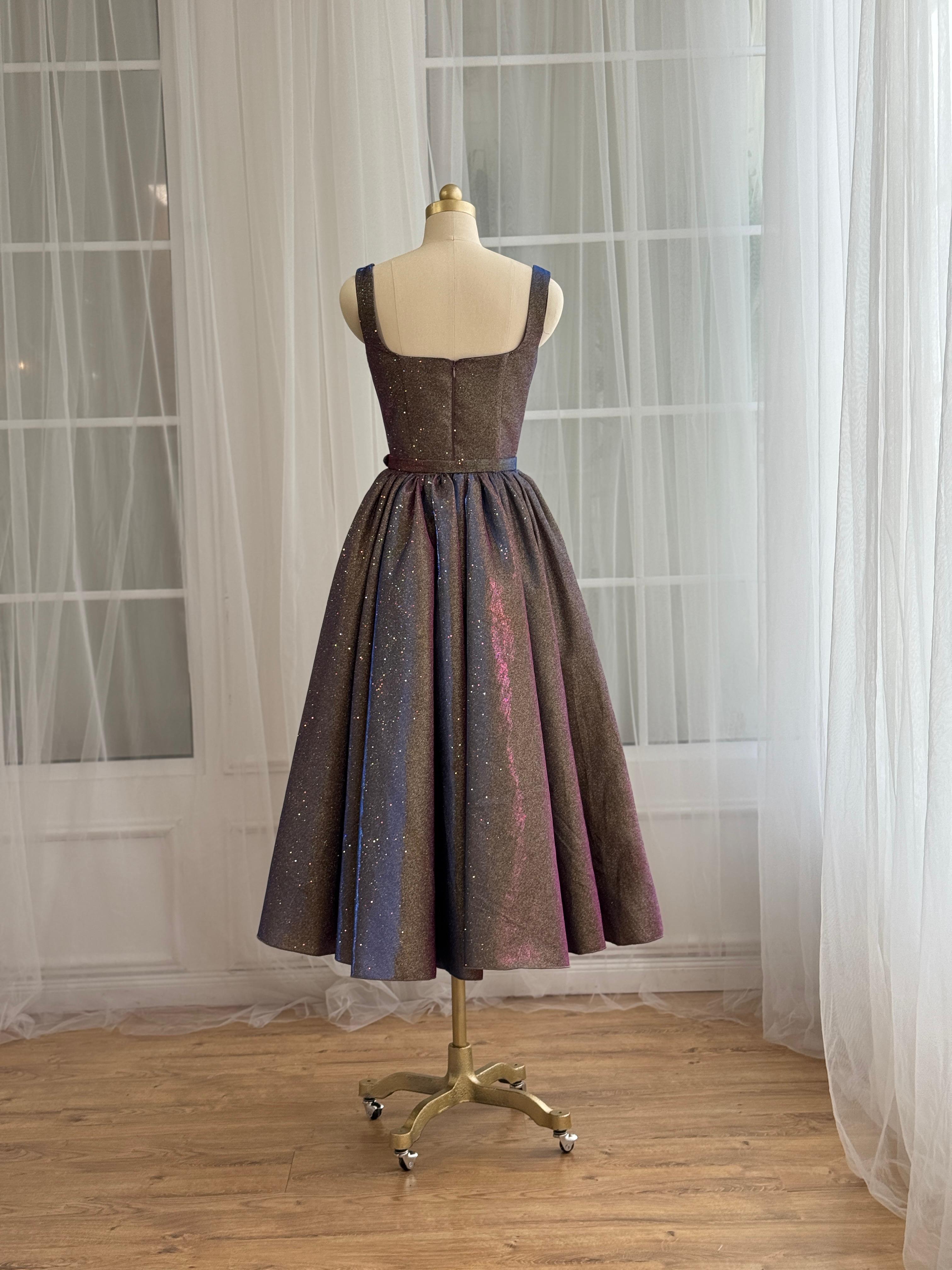 Purple midi dress with straps, belt and sparkly fabric