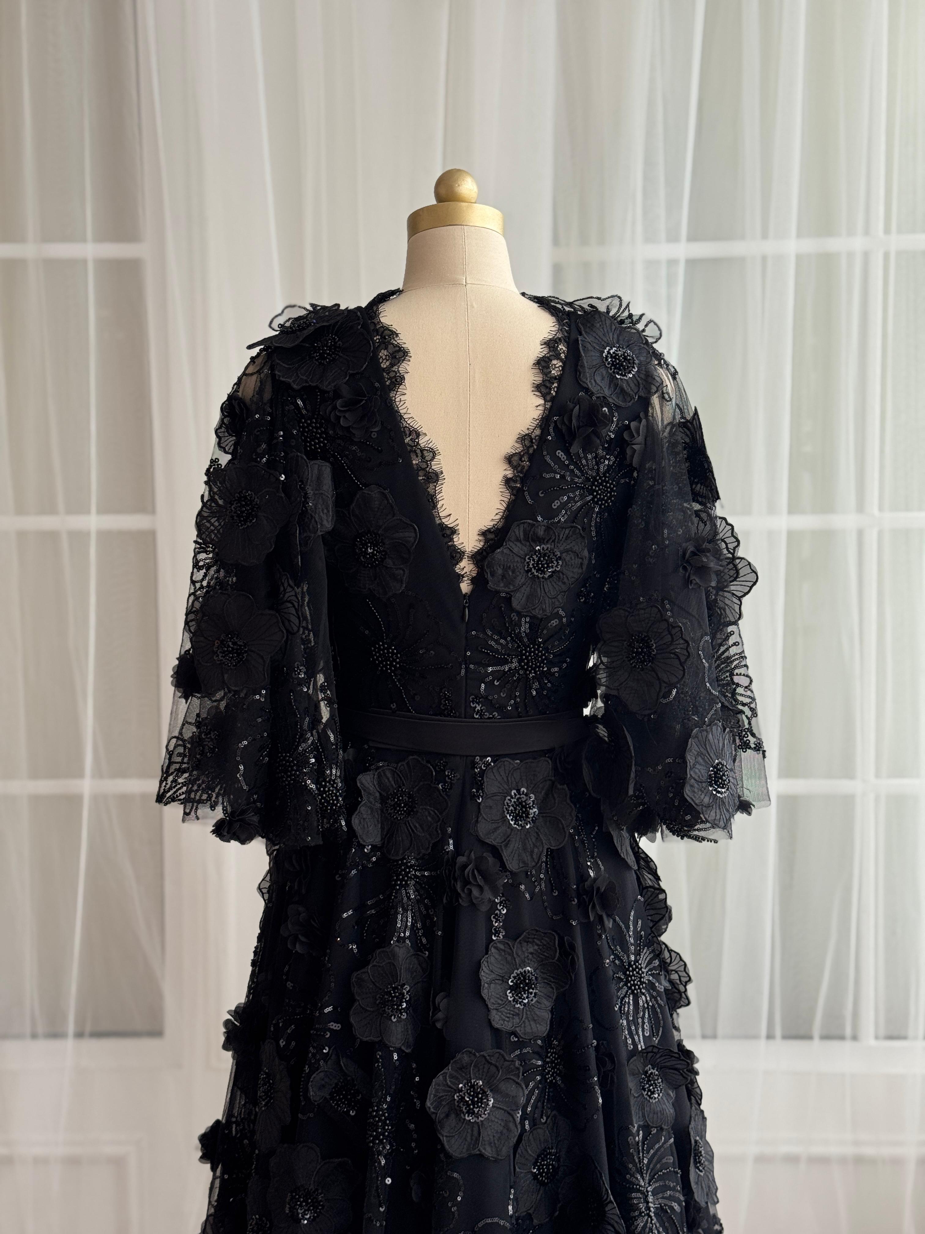 Black A-Line gown with v-neck, embroidery and short sleeves