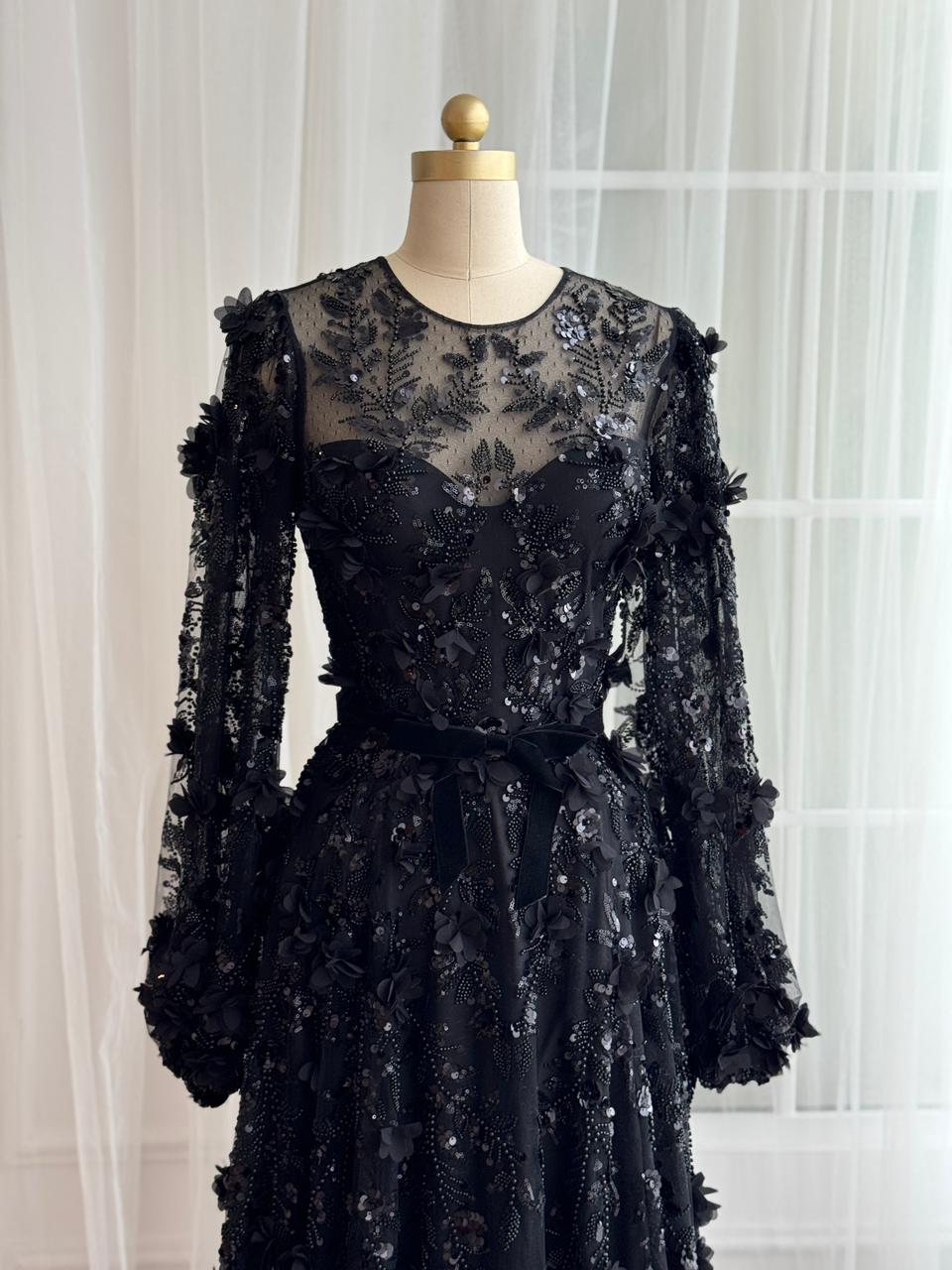 Black A-Line gown with long sleeves with embroidery