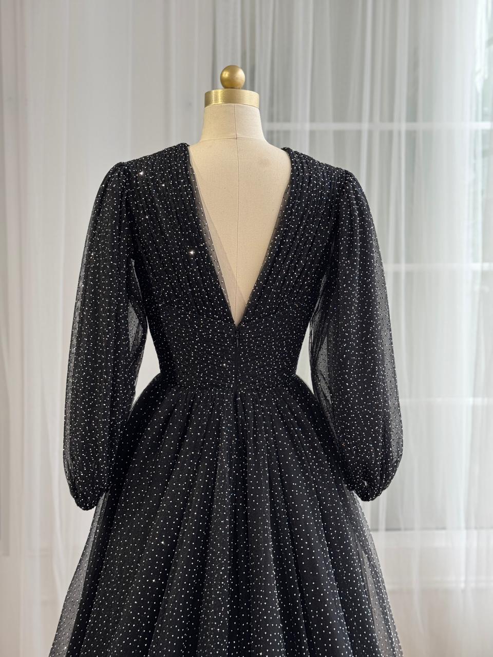 Black A-Line gown with beading, v-neck and long sleeves