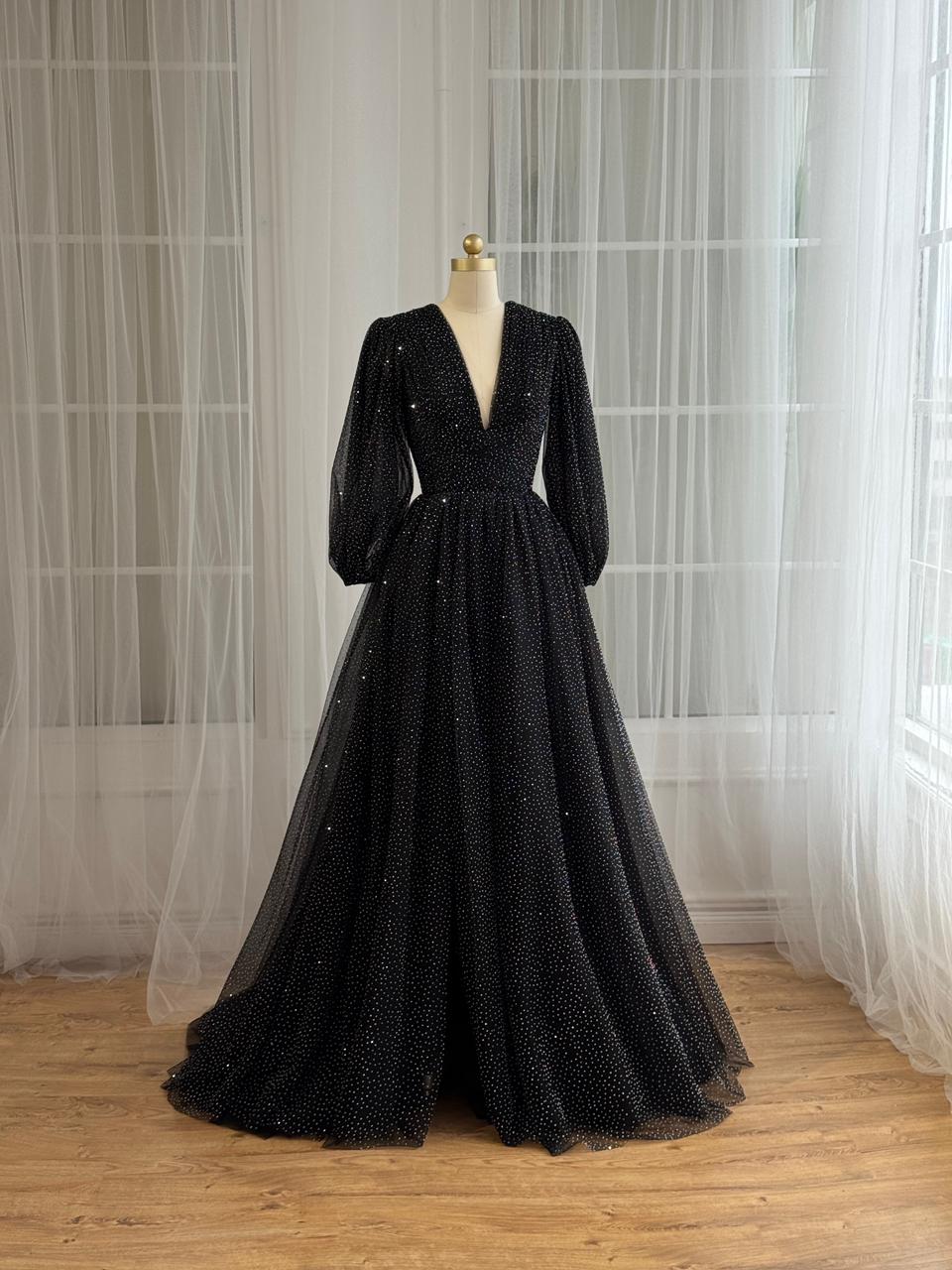 Black A-Line gown with beading, v-neck and long sleeves