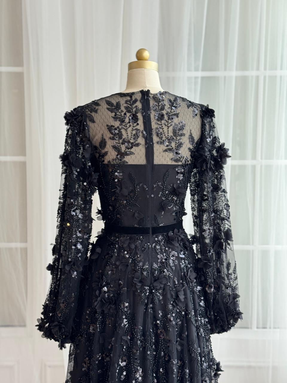 Black A-Line gown with long sleeves with embroidery