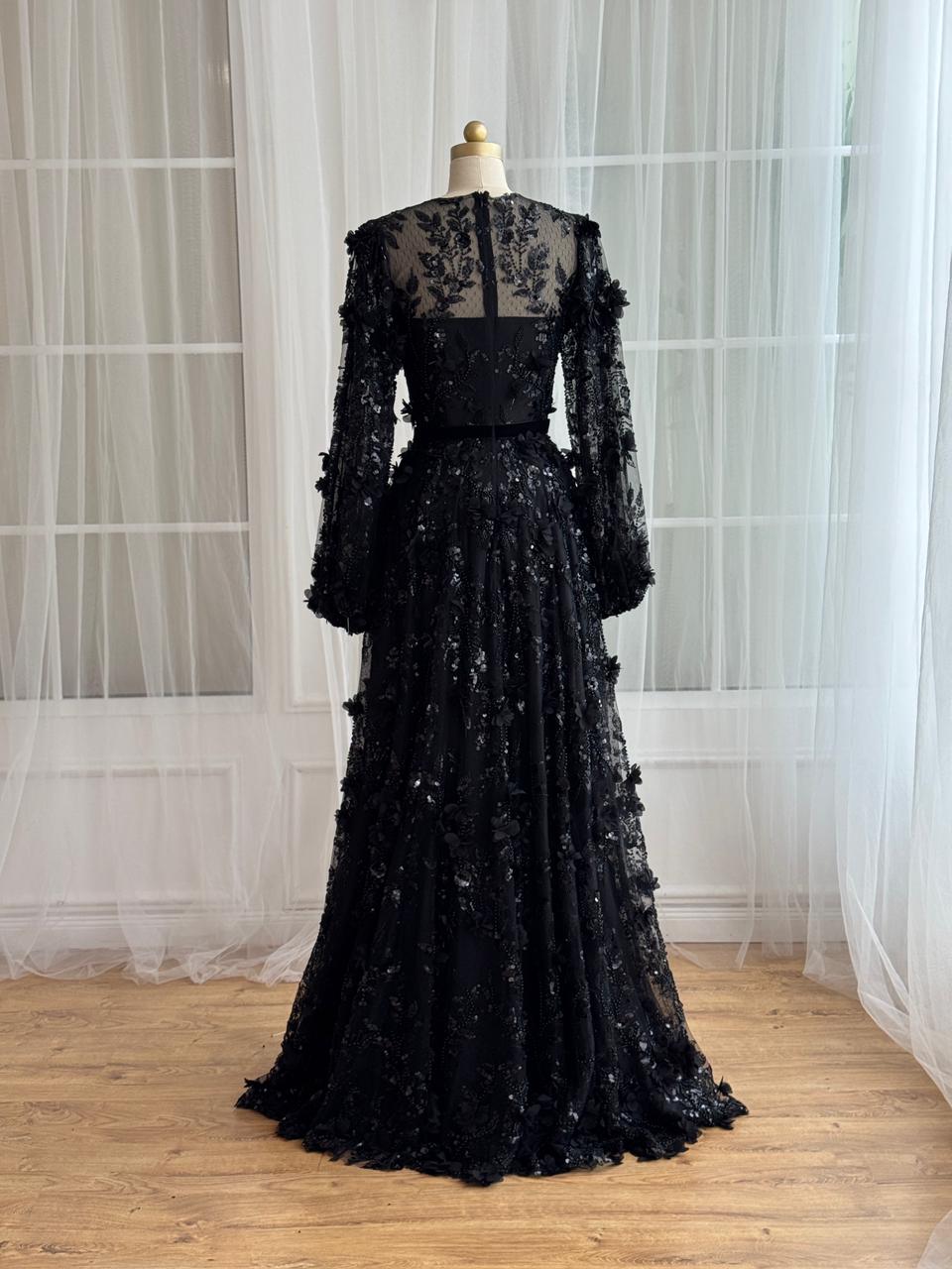 Black A-Line gown with long sleeves with embroidery