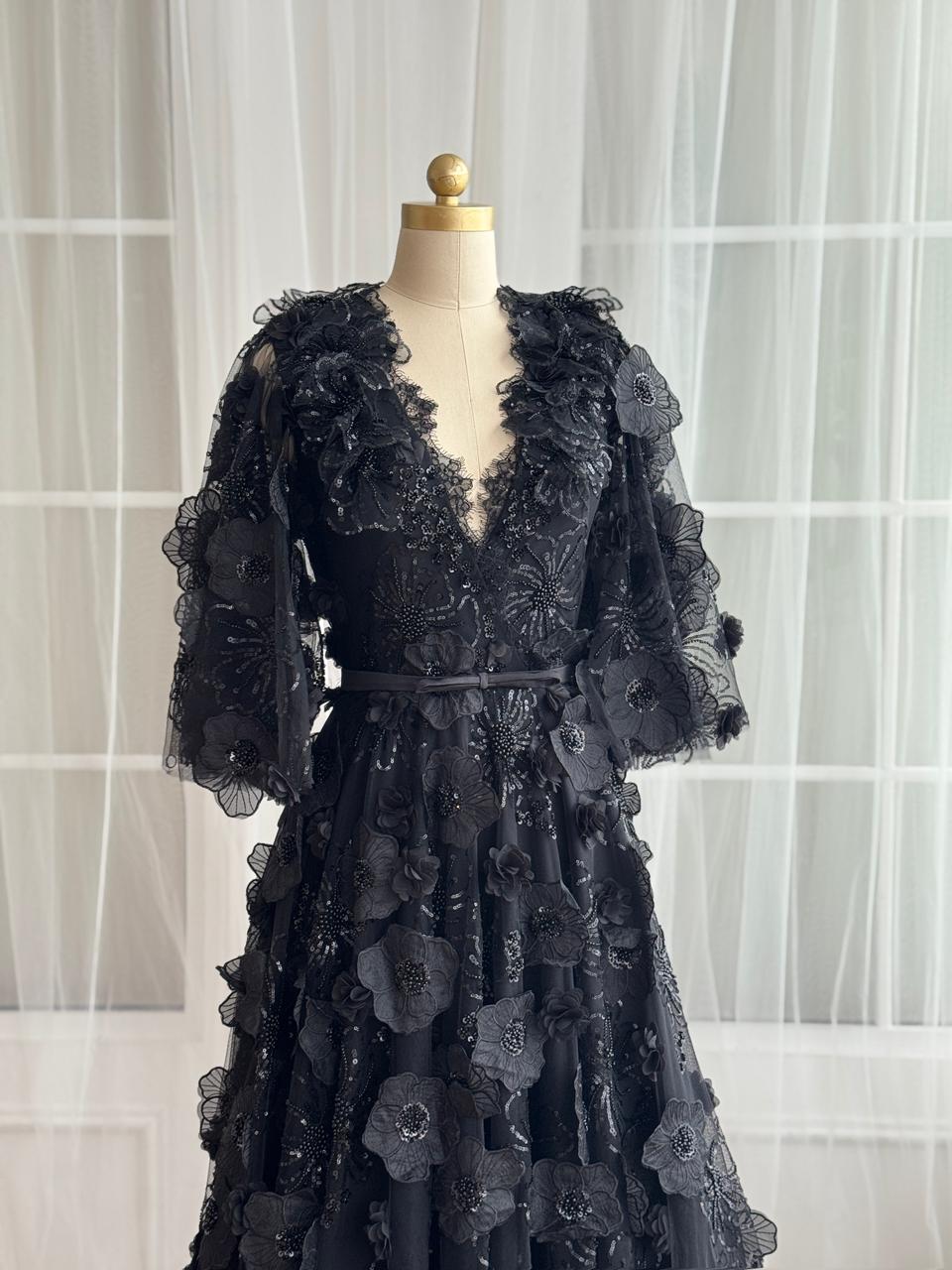 Black A-Line gown with v-neck, embroidery and short sleeves