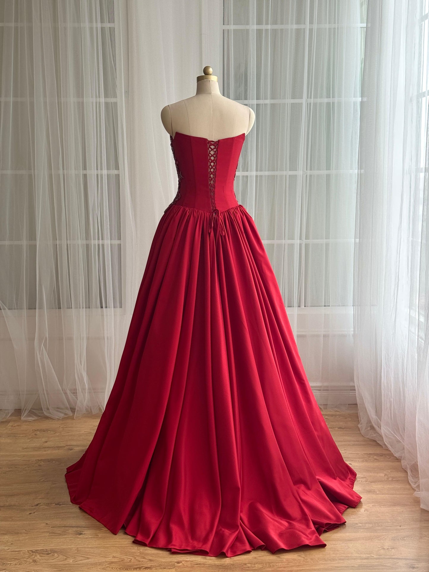 Red A-Line dress with embroidery and no sleeves