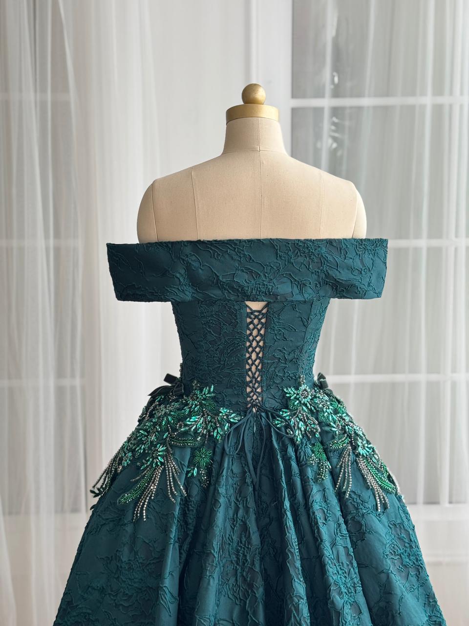 Green A-Line dress with overskirt, embroidery, brocade fabric and off the shoulder sleeves