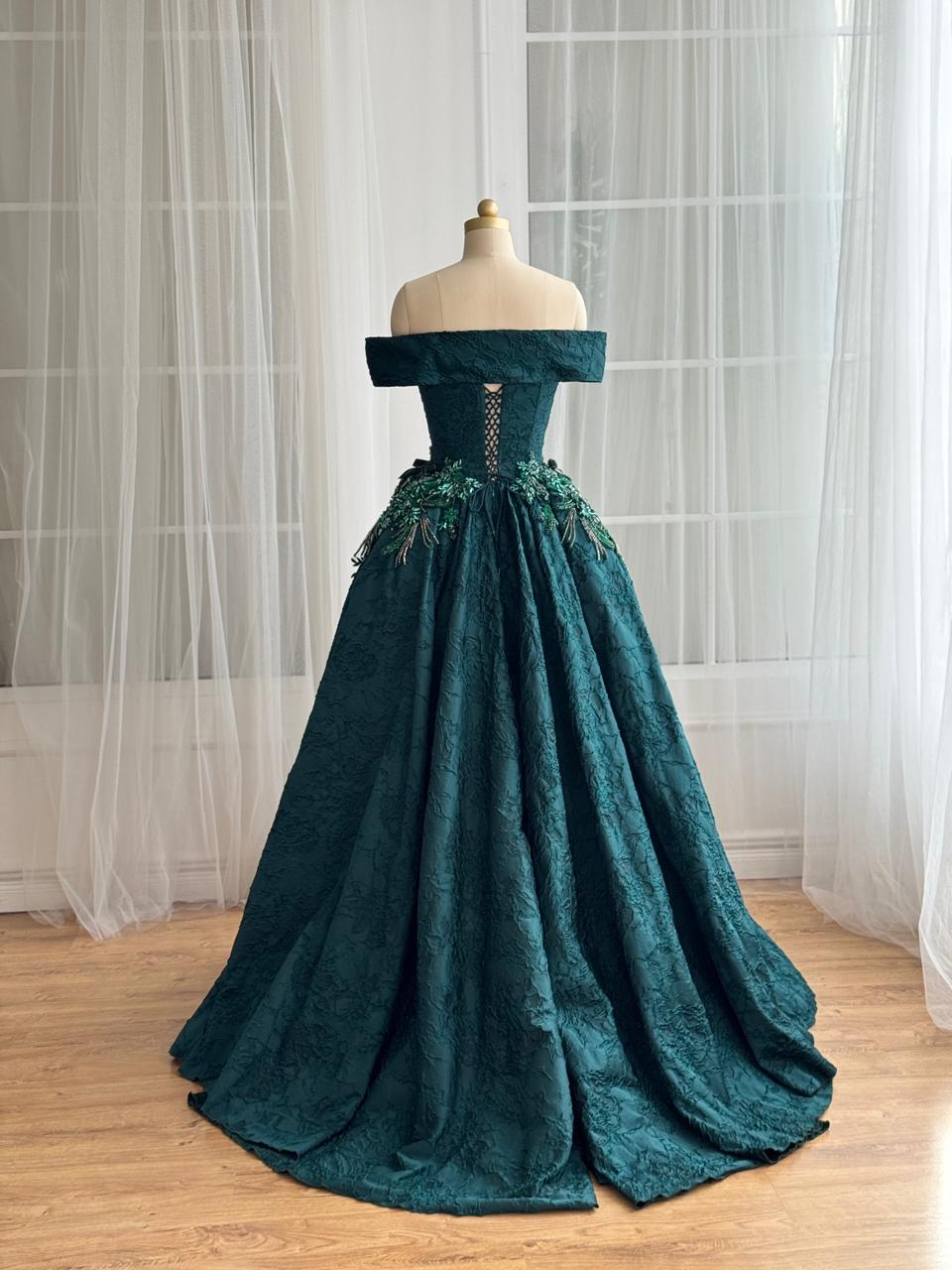 Green A-Line dress with overskirt, embroidery, brocade fabric and off the shoulder sleeves