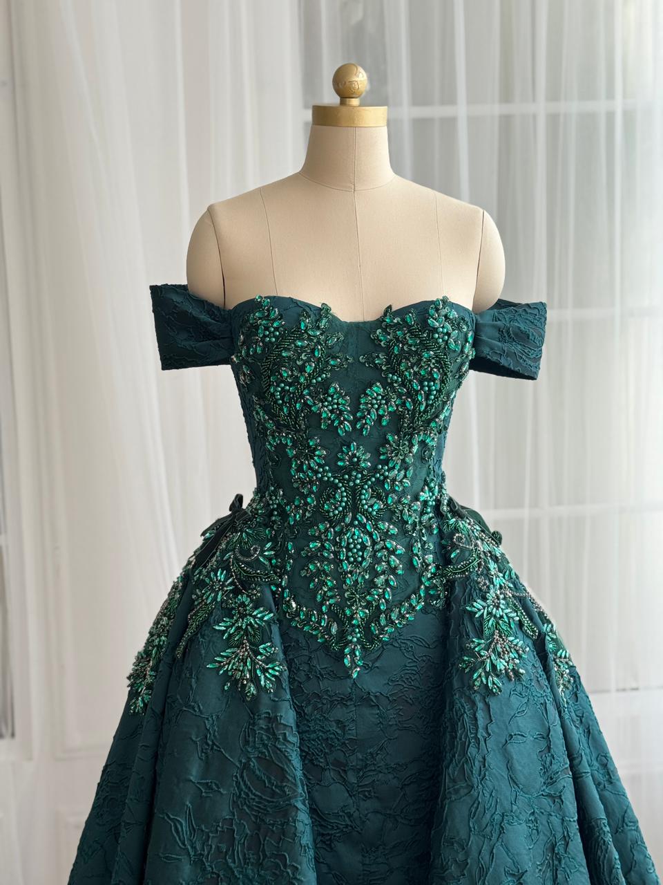 Green A-Line dress with overskirt, embroidery, brocade fabric and off the shoulder sleeves