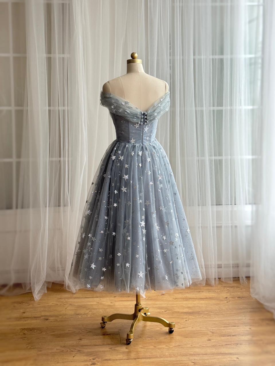 Silver midi dress with starry tulle fabric, embroidered bows, v-neck and off the shoulder sleeves