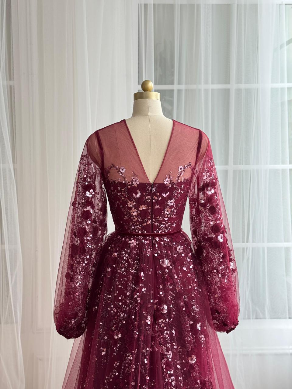 Burgundy A-Line gown with long sleeves and embroidery