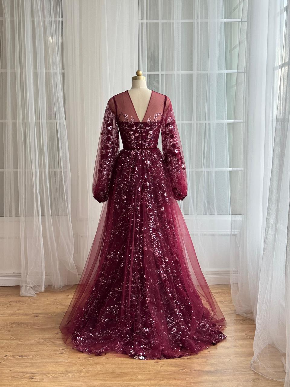 Burgundy A-Line gown with long sleeves and embroidery