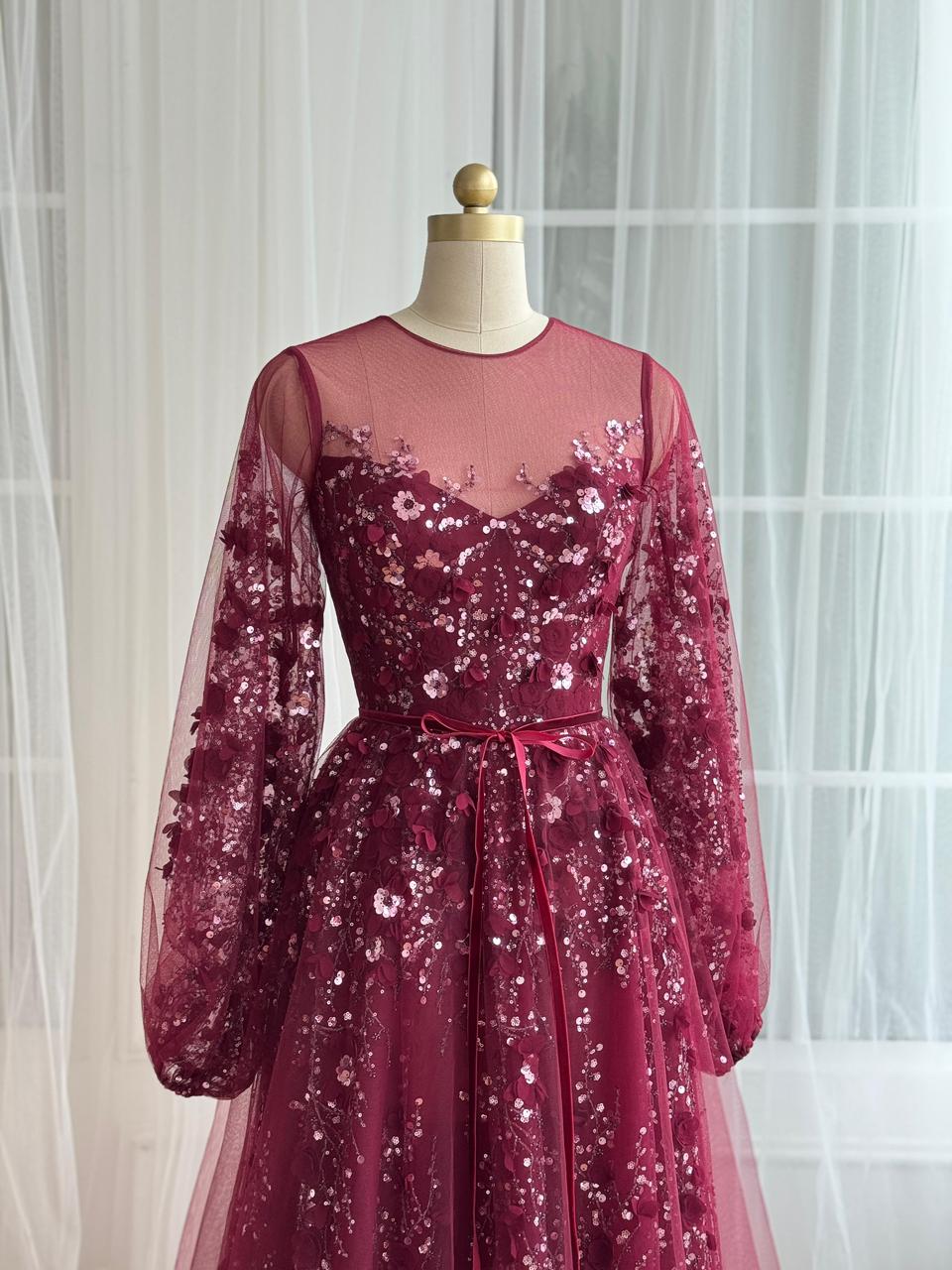 Burgundy A-Line gown with long sleeves and embroidery