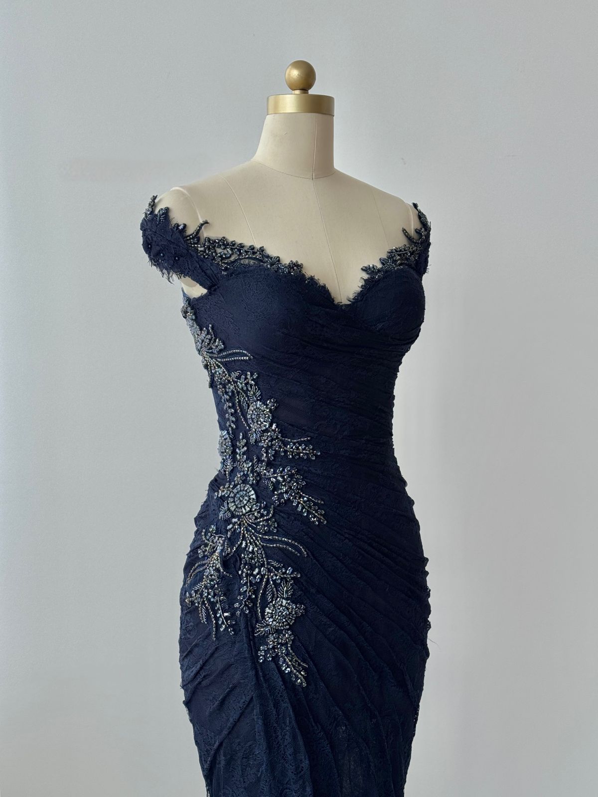 Navy blue mermaid dress with embroidery and off the shoulder straps