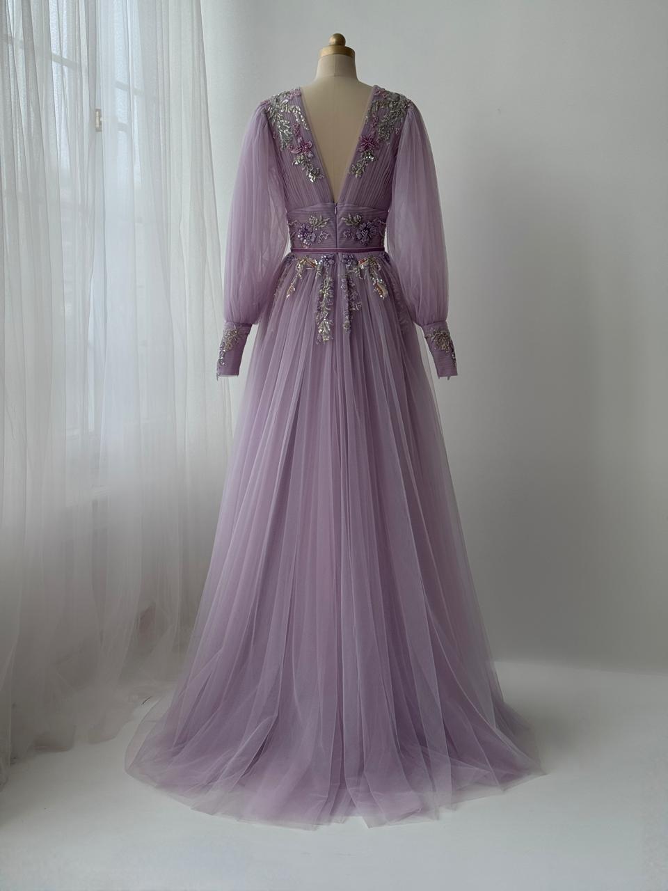 Purple A-Line gown with long sleeves, v-neck and embroidery